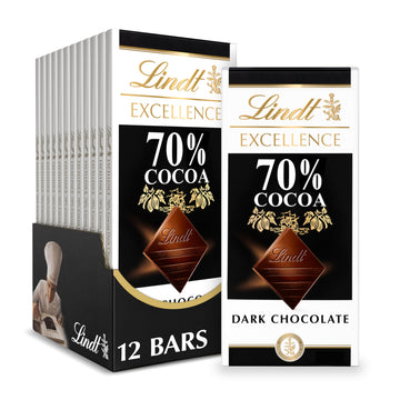 Lindt Dark Chocolate Bar, 70% Cocoa, 3.5 oz, 12 Pack, Natural
