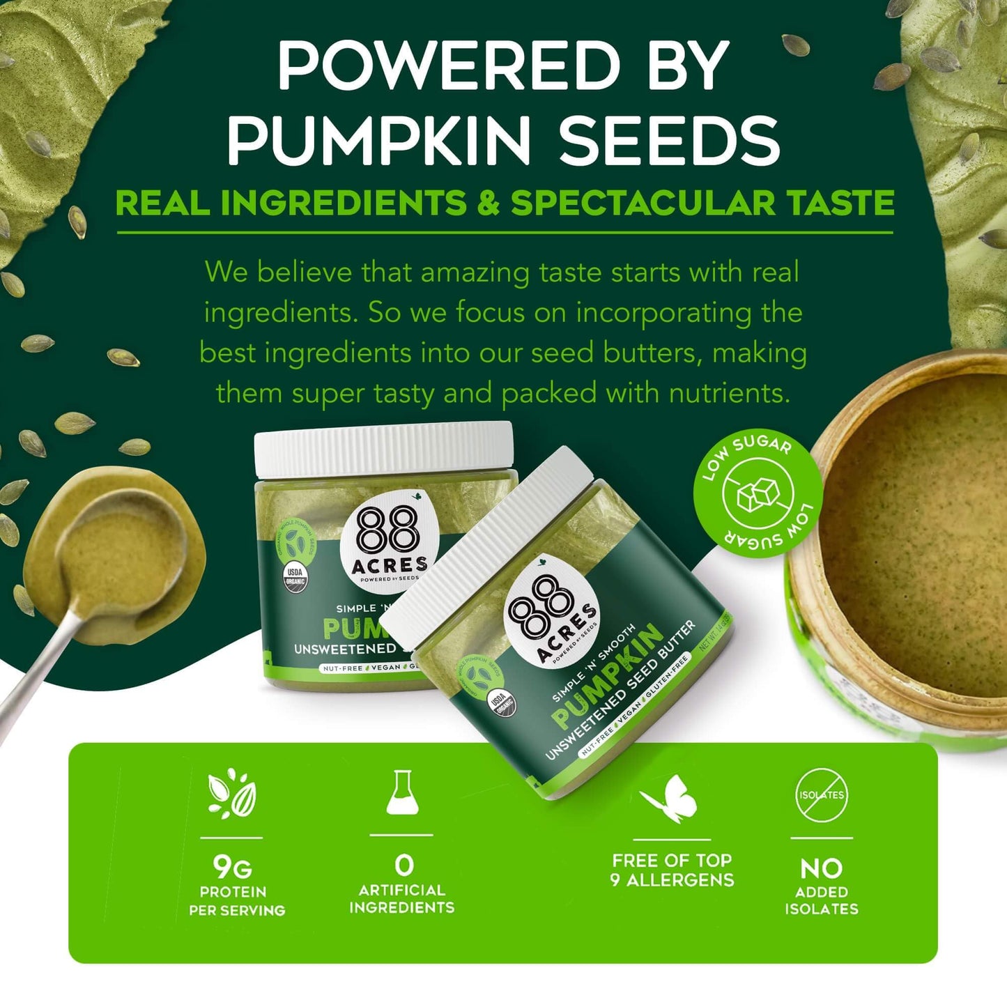 88 Acres Organic Pumpkin Seed Butter, Unsweetened, Keto-Friendly, Vegan, 28 oz, Gluten-Free, Nut-Free, 2 Pack