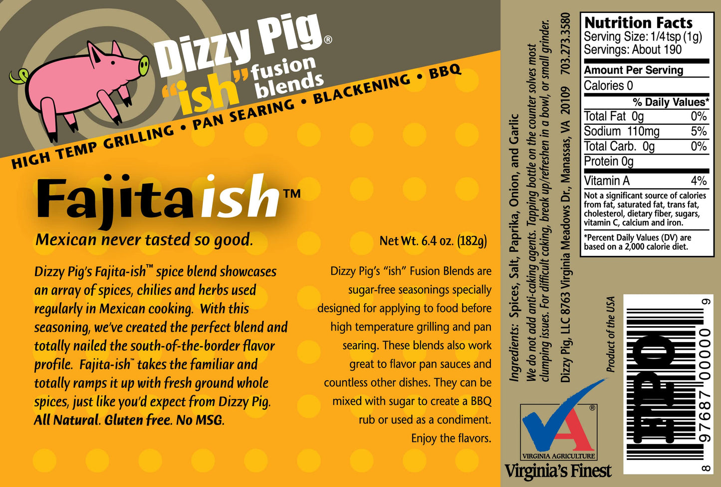 Dizzy Pig Ish Fusion Fajita-Ish Mexican Seasoning (8Oz Shaker) - Seasons 30+Lbs Of Food - Hand Made In The Usa - Msg Free, Glute