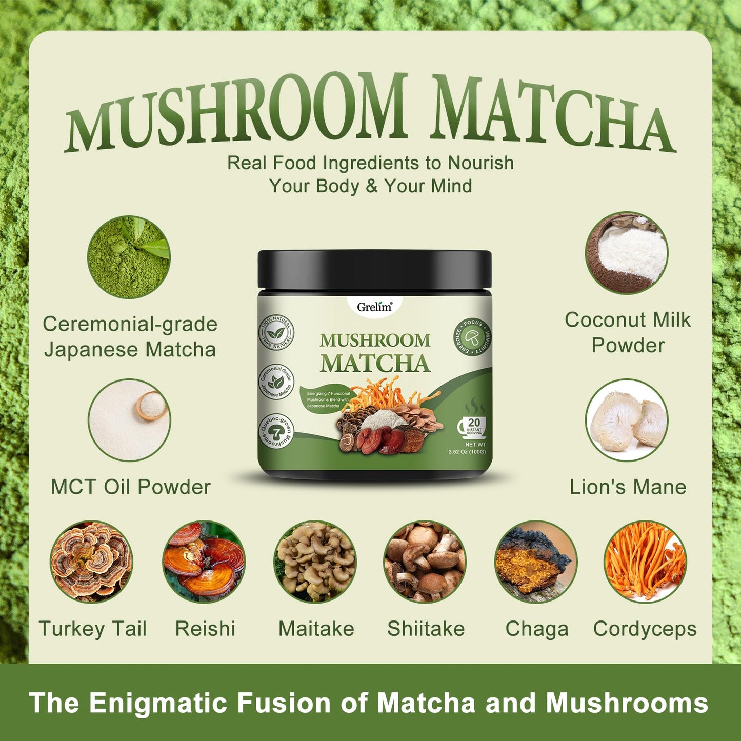 Grelim Mushroom Matcha, Japanese Ceremonial Matcha Infused With 7 Superfood Mushrooms, Mct Oil, Coconut Milk Powder, Great Tasti