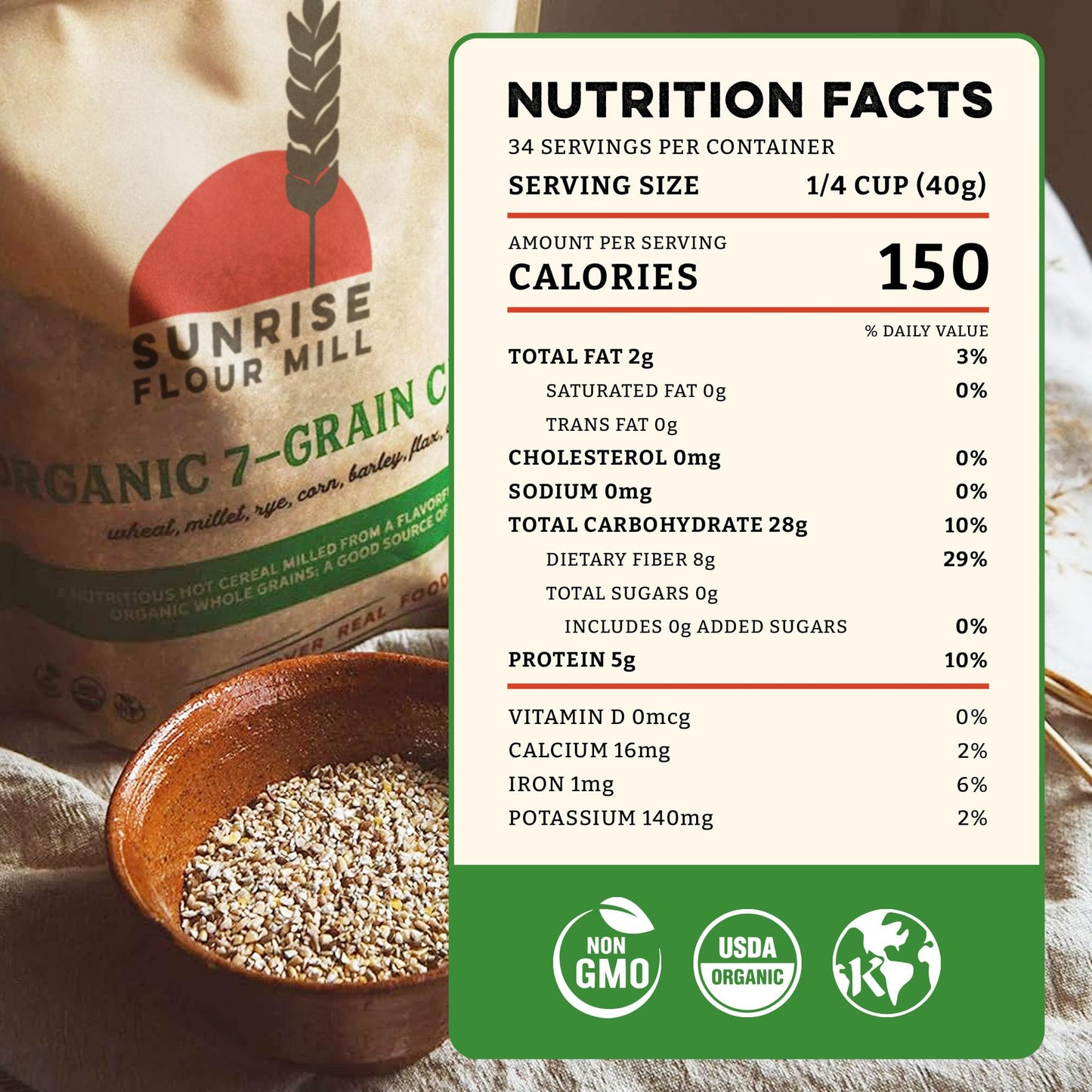 Sunrise Flour Mill 7-Grain Hot Cereal Mix - USDA Organic, 48 oz, Sugar Free, High Fiber, 5g Protein Per Serving
