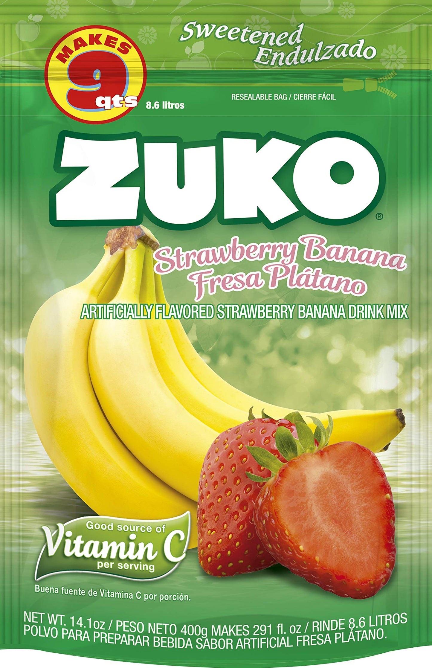 Zuko Strawberry Banana Instant Powder Drink | Family Pack | No Sugar Needed | Vitamin C | 14.1 Ounce (Pack of 6)