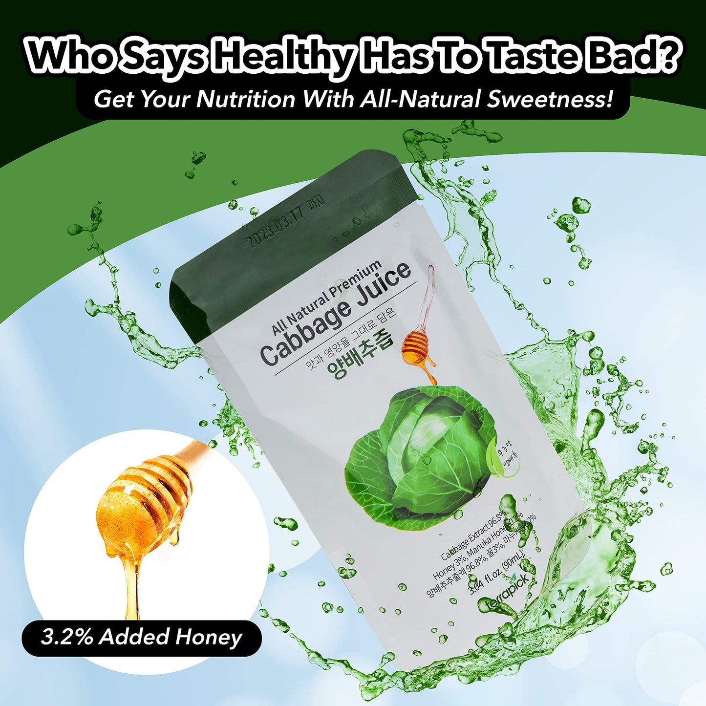 TERRAPICK Green Cabbage Juice with Manuka Honey - 30 Pouches, 3.04 fl oz Total, Natural Vegetable Superfood