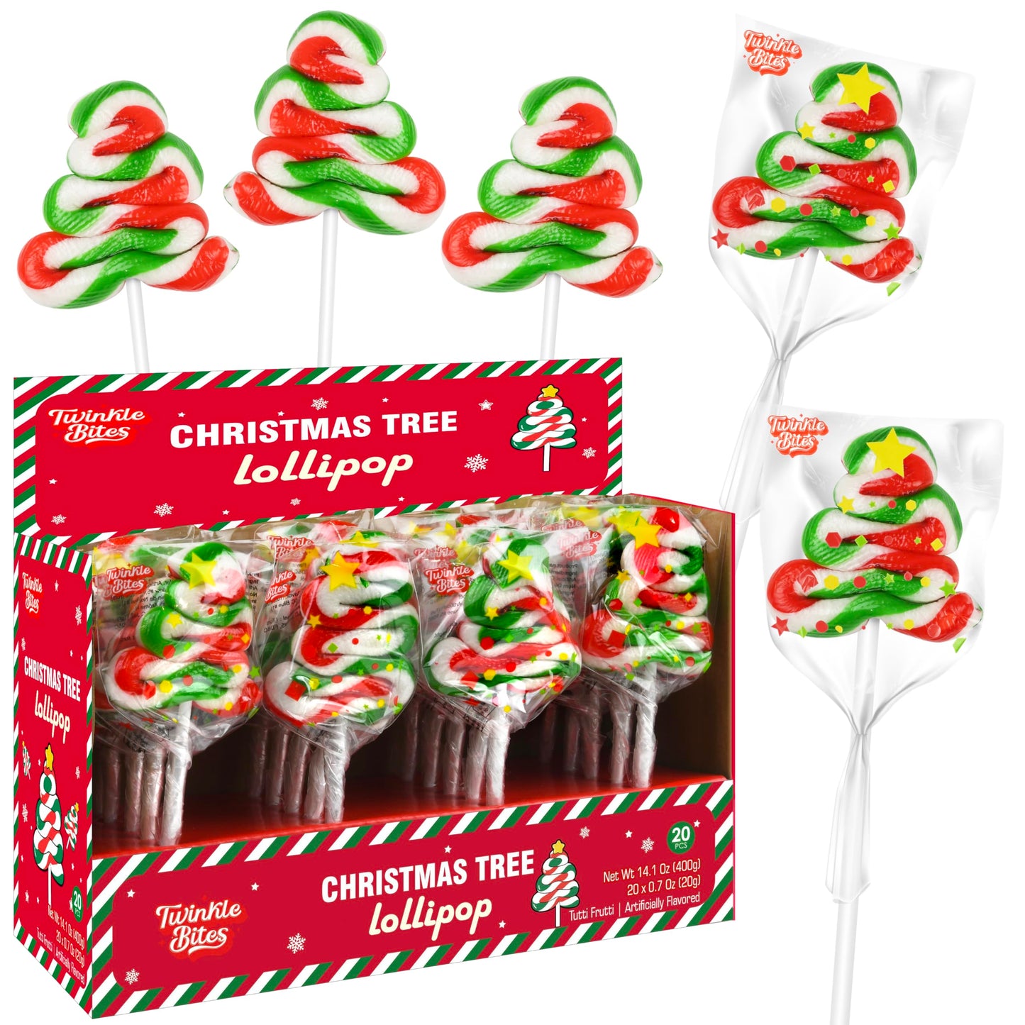 20 Pack Christmas Tree Lollipops - Individually Wrapped Large Christmas Holiday Themed Tree Suckers - Colorful Red & Green Designs & Delicious Tutti Frutti Flavor -Bulk Candy Use For Stocking Stuffers, Party Favor, Classroom & Office  , Candy Jar Fillers