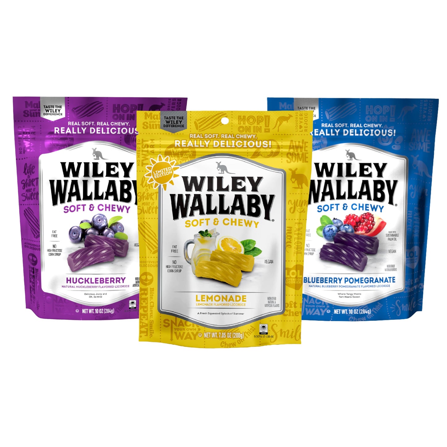 Wiley Wallaby Licorice Variety Pack - Huckleberry, Lemonade & Blue Pomegranate Classic Gourmet Australian Style Soft & Chewy Lic