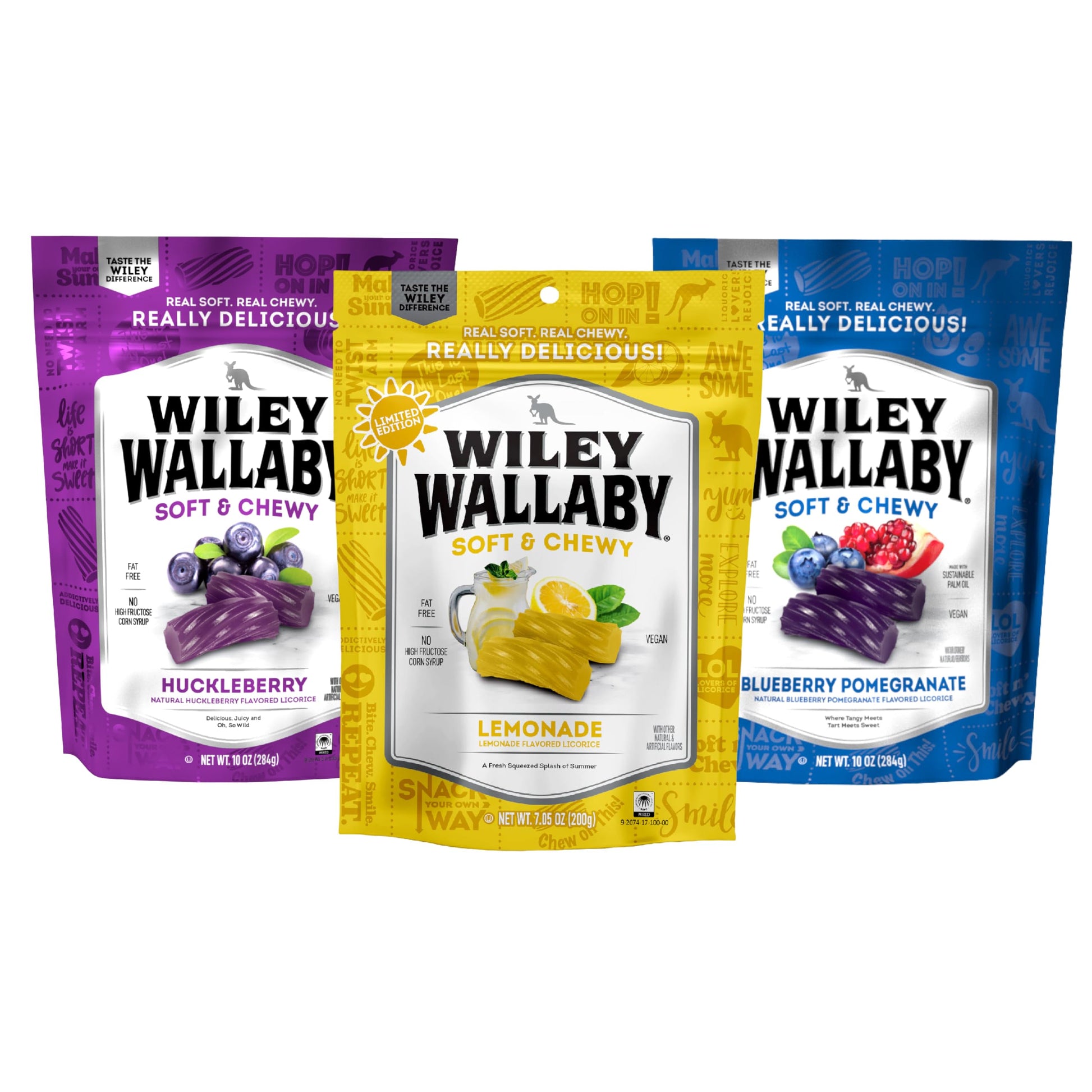 Wiley Wallaby Licorice Variety Pack - Huckleberry, Lemonade & Blue Pomegranate Classic Gourmet Australian Style Soft & Chewy Lic