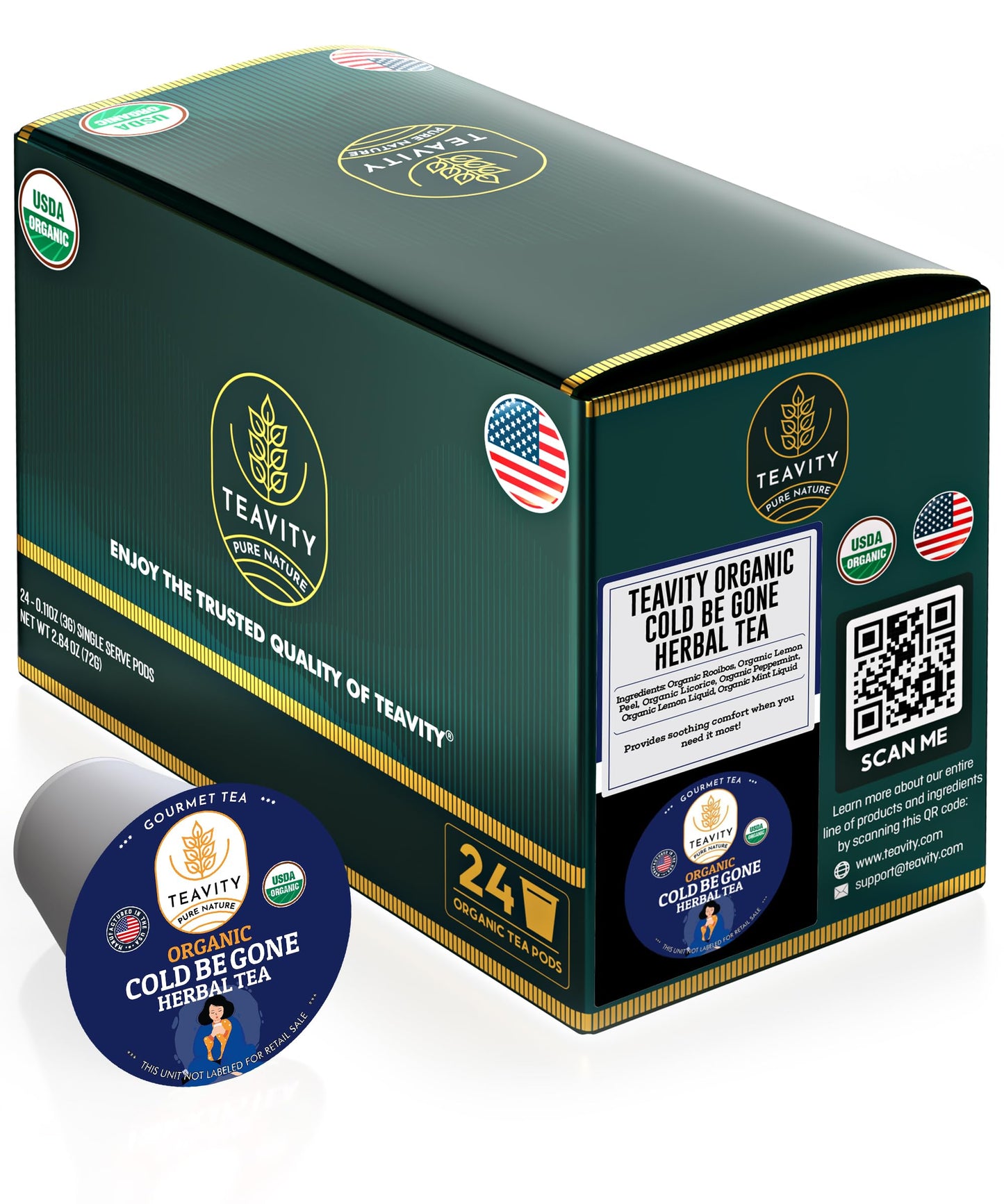 Teavity Organic Rooibos Tea Pods for Keurig - Unsweetened Decaf with Lemon, Mint, Licorice - 24 Count