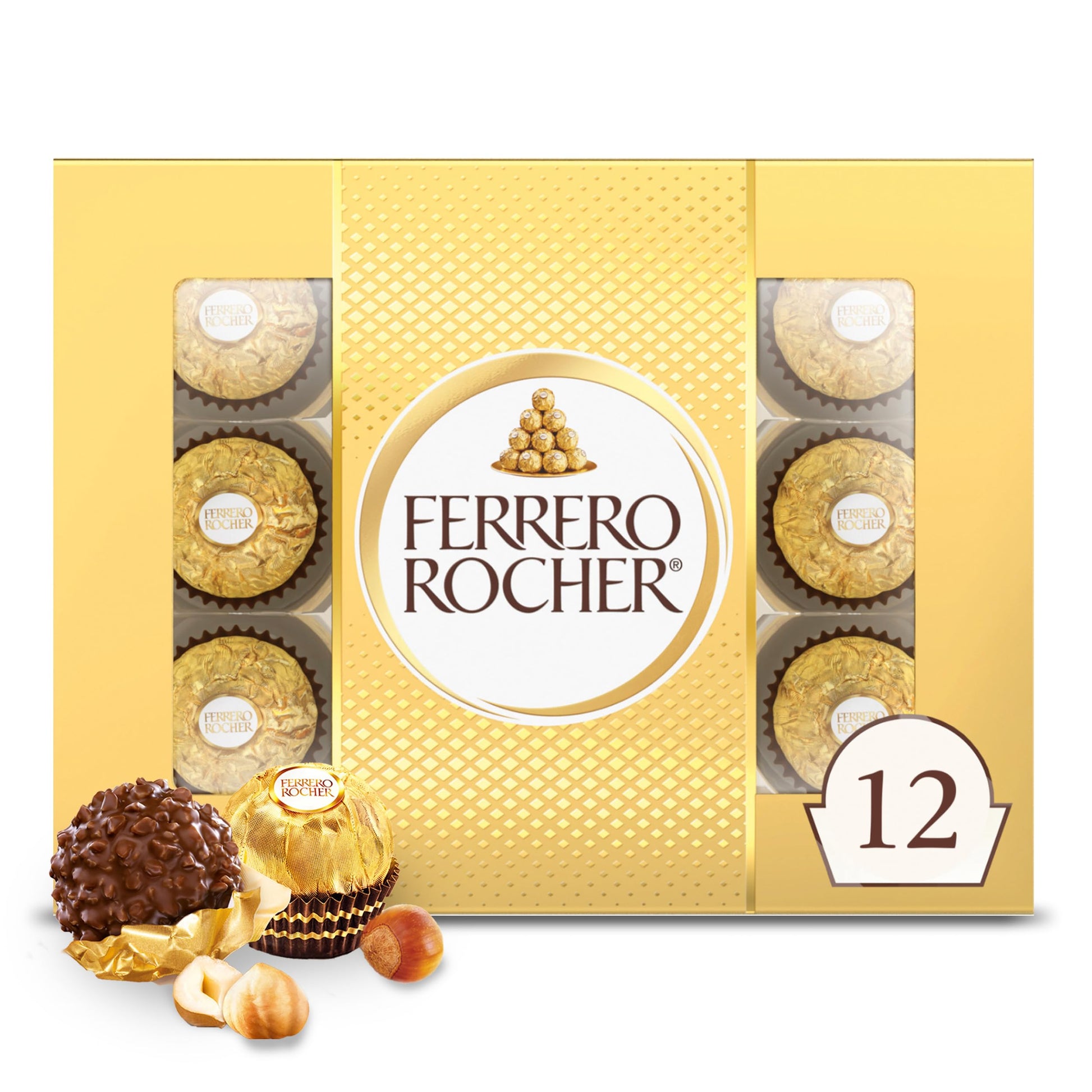 Ferrero Rocher, 12 Count, Gourmet Milk Chocolate Hazelnut, Chocolate Gift Box, Individually Wrapped, 5.3Oz