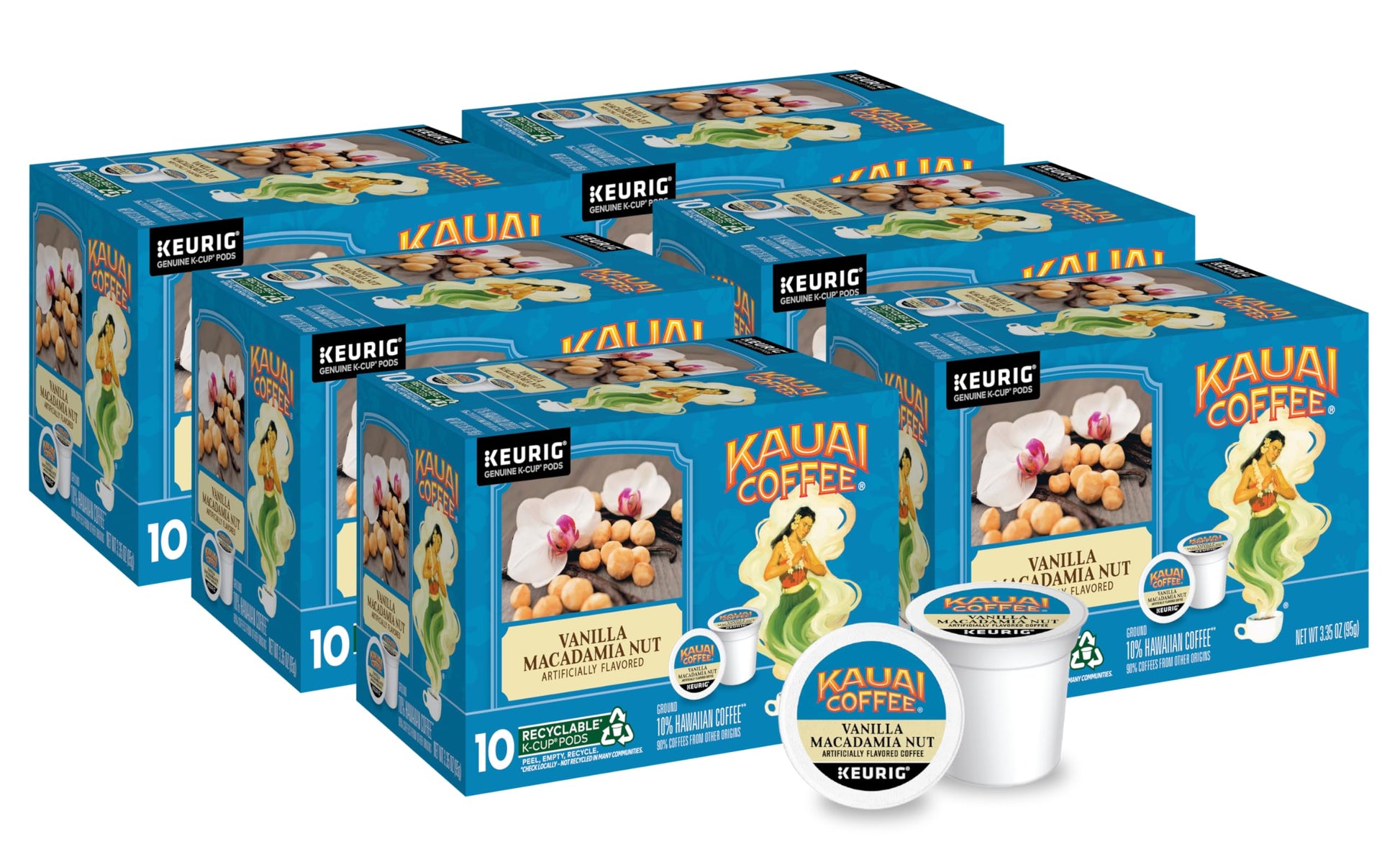 Kauai Coffee K-Cup Pods - Vanilla Macadamia Nut Flavor - Premium Arabica, 10 CT (Pack of 6)