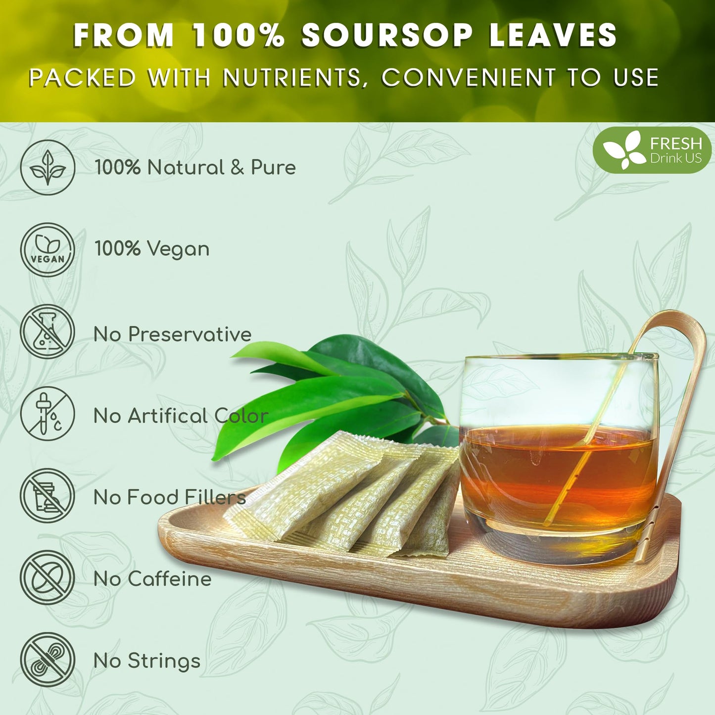 FRESHDRINKUS Soursop Graviola Leaf Tea Bags, 100% Natural, Vegan, 33 Tea Bags