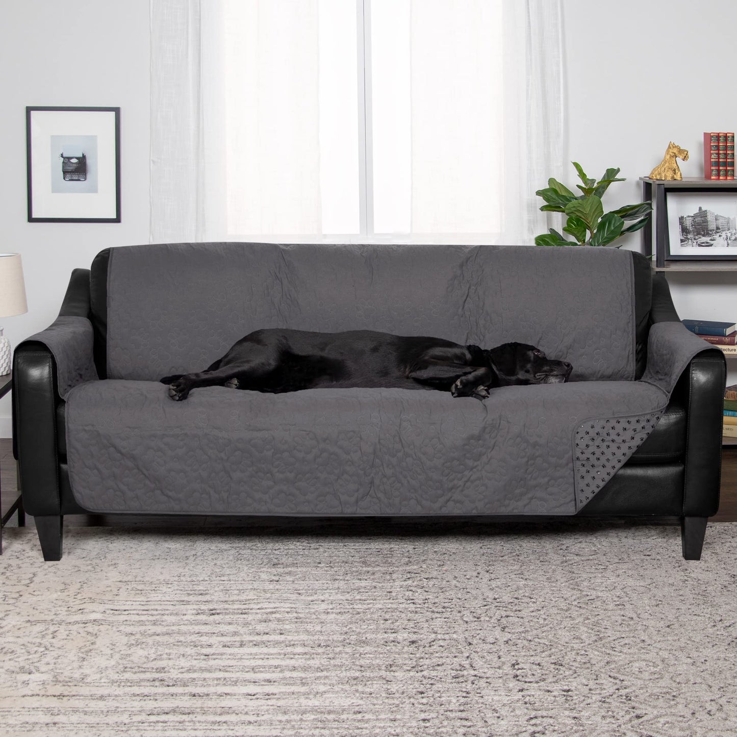 Furhaven Large Sofa Slipcover Waterproof  Non Slip Quilted Paw Print Furniture Protector Cover, Washable - Gray, Large Sofa