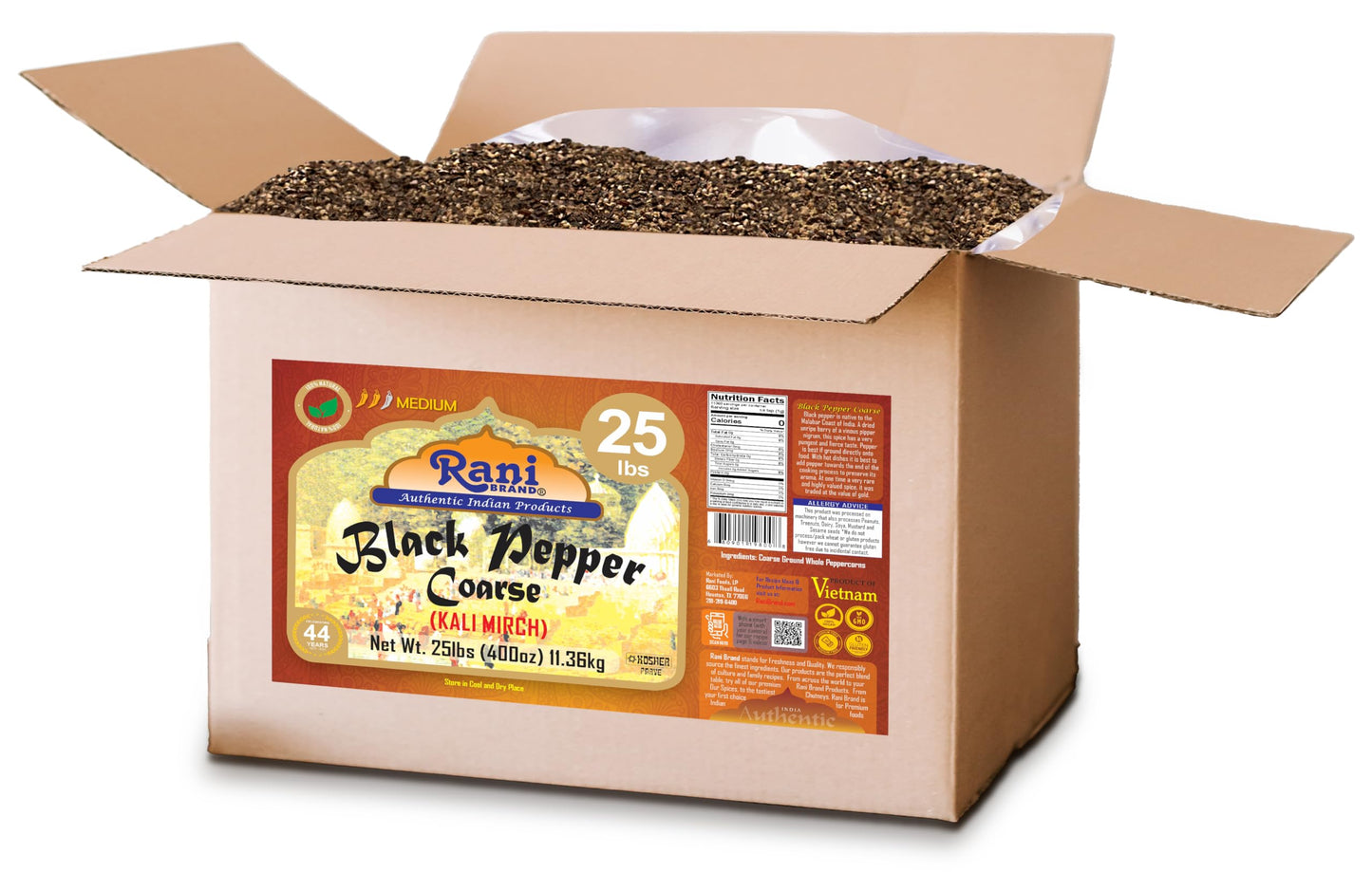 Rani Black Pepper Coarse Ground 28 Mesh (Table Grind) 400Oz (25Lbs) 11.36Kg Bulk Box ~ All Natural | Vegan | Gluten Friendly | N