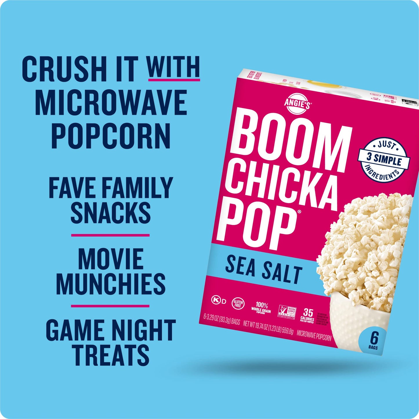 Angies BOOMCHICKAPOP Sea Salt Microwave Popcorn, 6 Count, 3.29 oz Bags, Lightly Salted, Snack Size