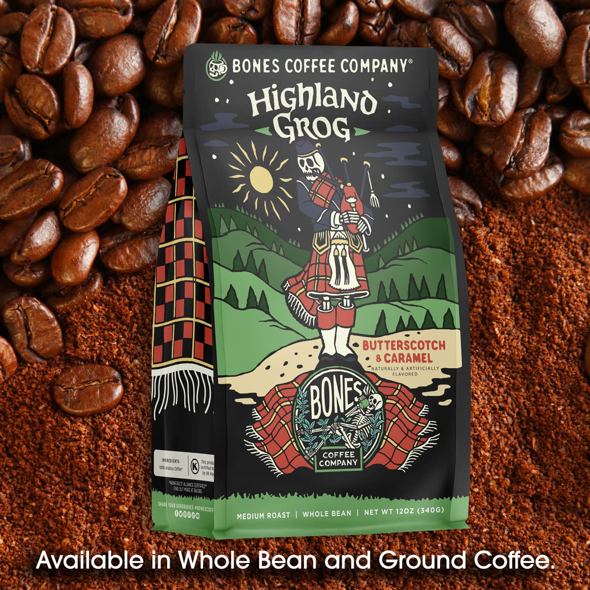 Bones Coffee Company Highland Grog, Butterscotch Caramel Flavored Coffee, Medium Roast Low Acid Arabica Beans Compatible with Au