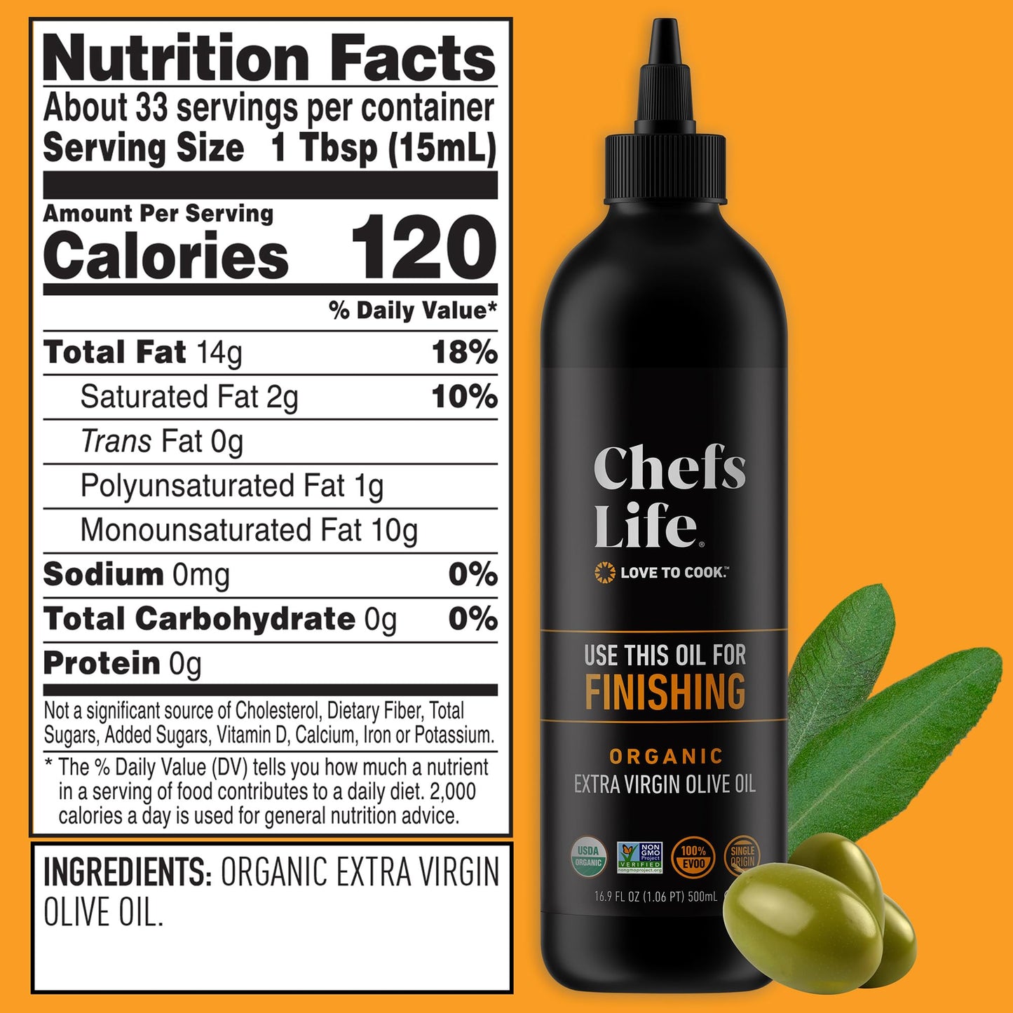 Chefs Life Organic Finishing Oil - 100% Extra Virgin Olive Oil, Organic Olive Oil, Evoo, Perfect For Dressing, Pure, Single Origin, Non Gmo - 16.9 Fl Oz Squeezable Bottle (1 Pack)