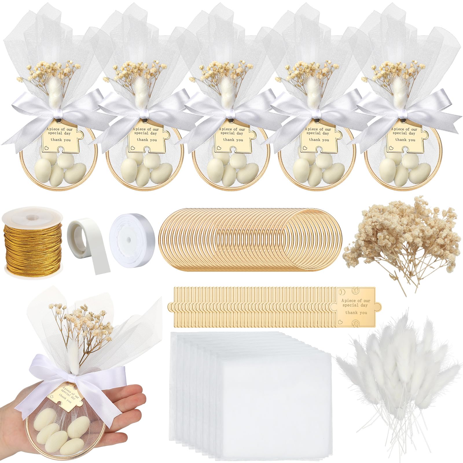 AceOrbit 50 Sets Wedding Almond Candy Favors for Guests Include Ring and Tulle Bag DIY Marzipan Souvenirs for Engagement Bridal 