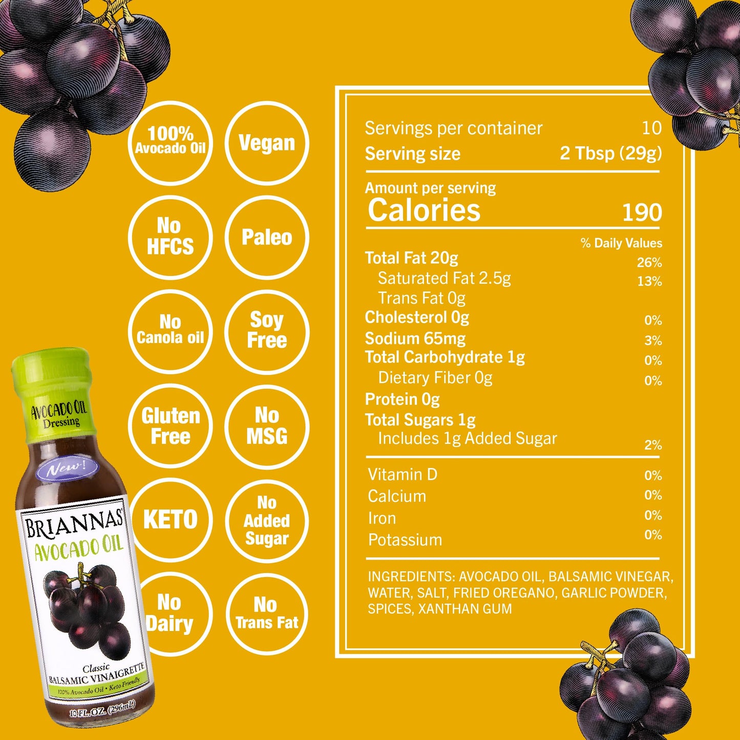 BRIANNAS Avocado Oil Balsamic Vinaigrette Dressing, Keto Friendly, Vegan, 10 Fl Oz, Pack of 6, Natural