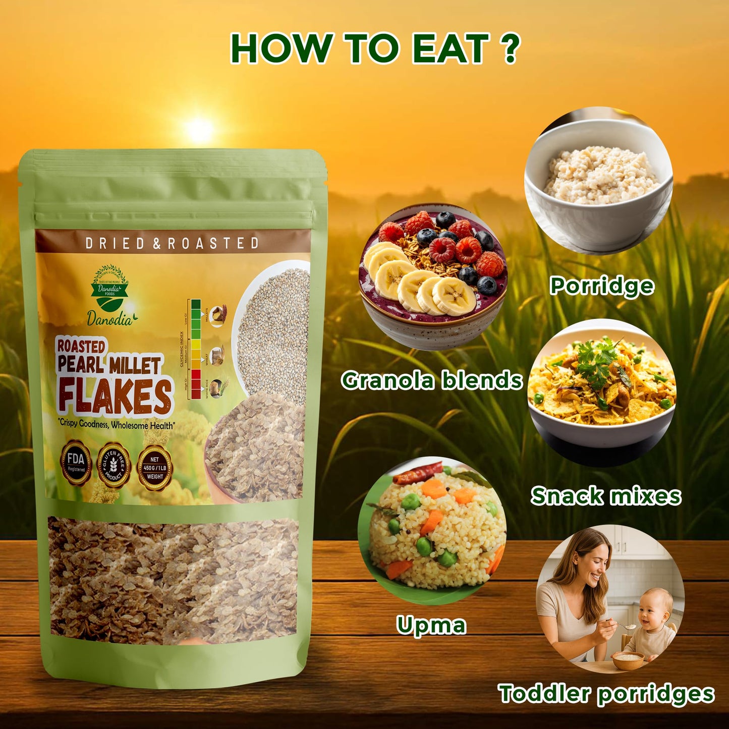 Danodia Foods Pearl Millet Flakes (450g/17oz) | Roasted & Ready-to-Eat | Wholesome Breakfast Cereal | Ideal for Porridge, Puddin