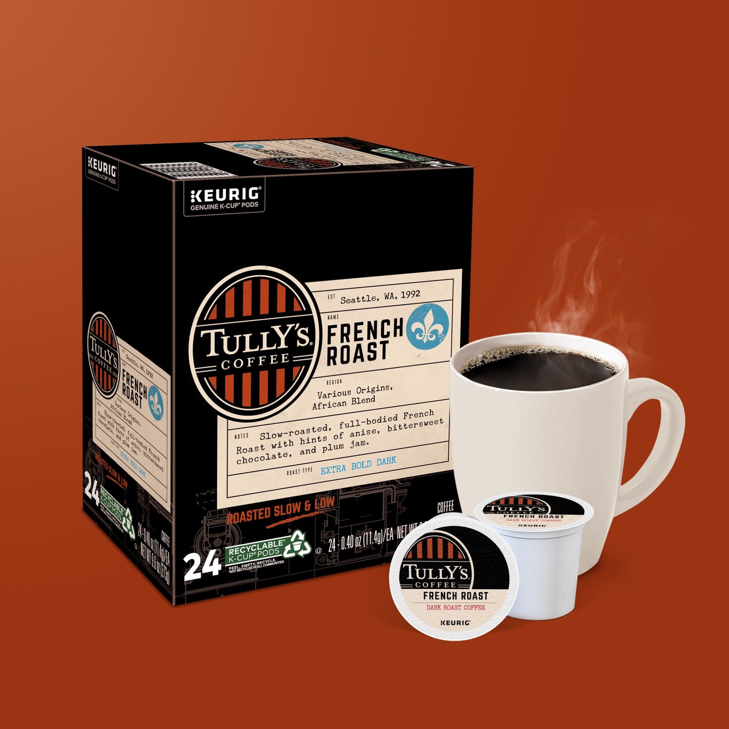 Tully'S Coffee, French Roast, Single-Serve Keurig K-Cup Pods, Dark Roast Coffee, 120-Count (5 Boxes Of 24 Pods)
