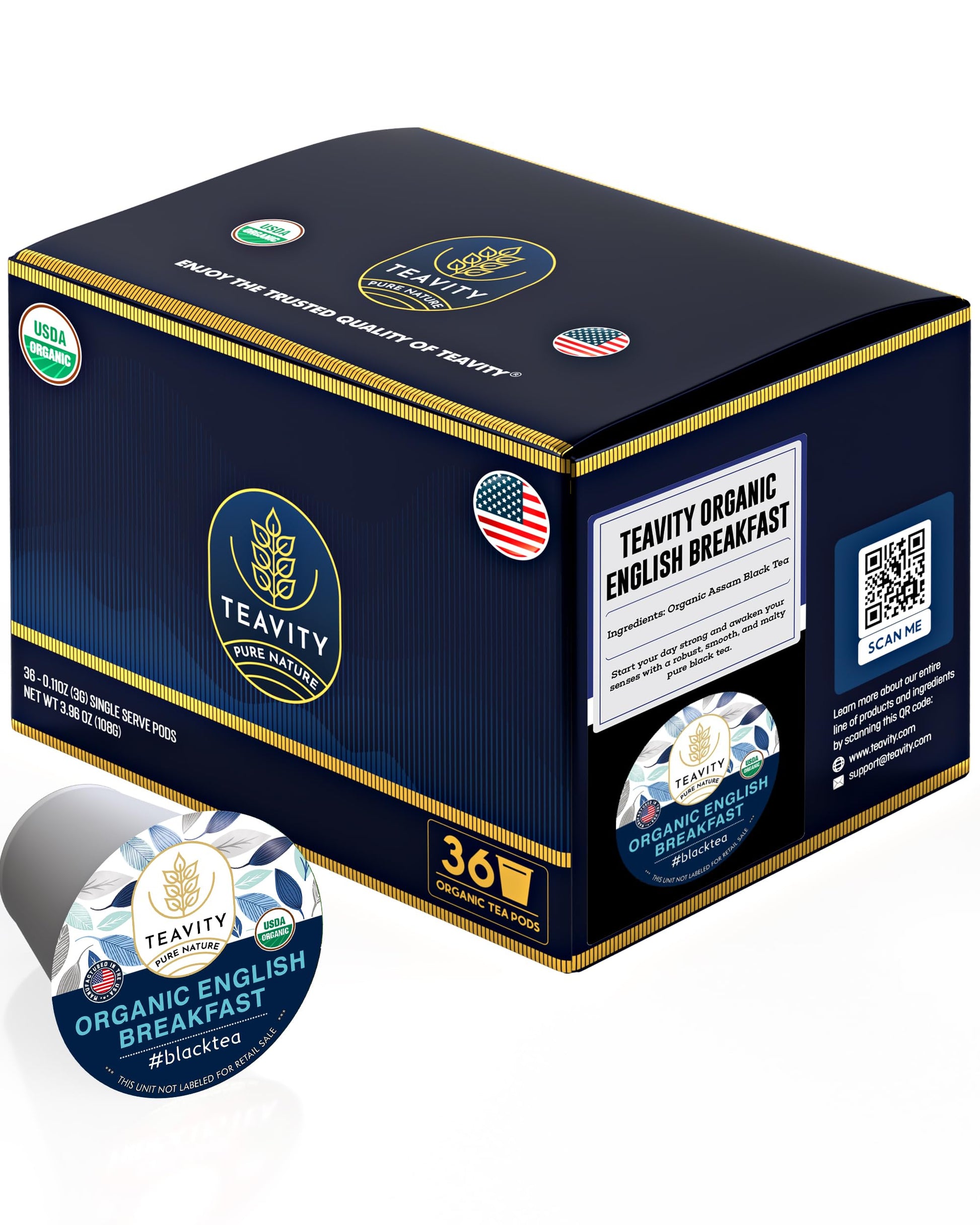 Organic English Breakfast Tea Pods for Keurig - Naturally Caffeinated Unsweetened Black Tea Pods by Teavity (36 Tea Pods)