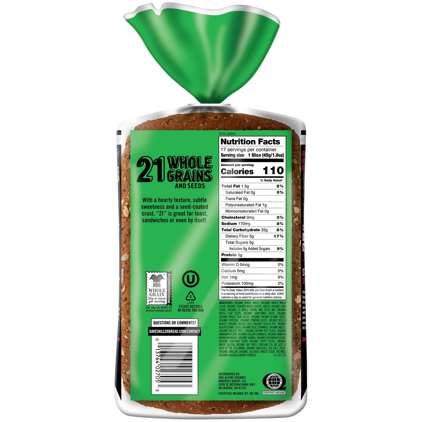 Organic Bread 21 Whole Grains & Seeds, 27 Oz. (Pack Of 2 Loaves)