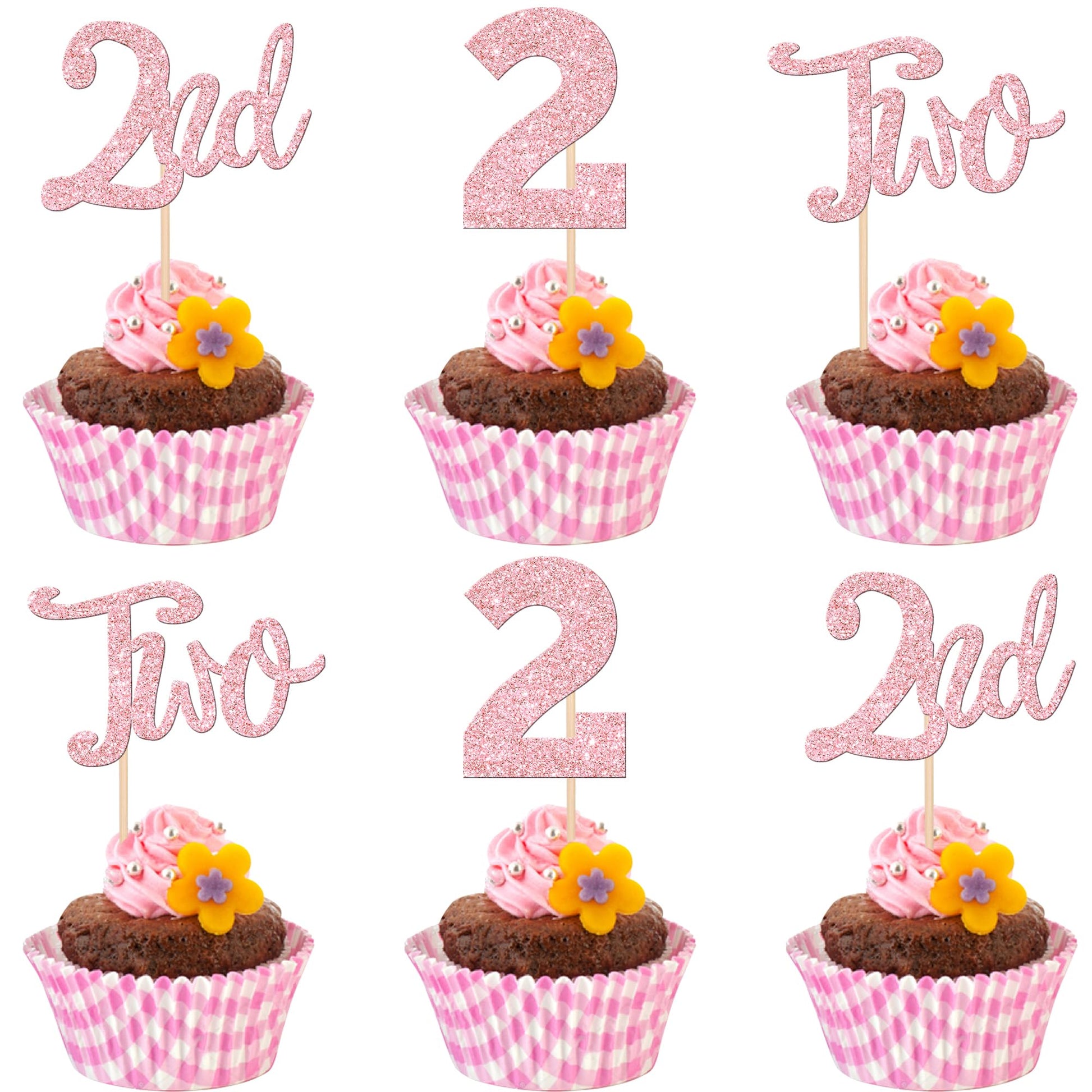 24 PCS Two Cupcake Toppers Glitter 2nd Birthday Cupcake Picks Number 2 Second Birthday Two Cake Decorations for Baby Shower Kids