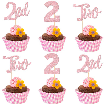 24 PCS Two Cupcake Toppers Glitter 2nd Birthday Cupcake Picks Number 2 Second Birthday Two Cake Decorations for Baby Shower Kids