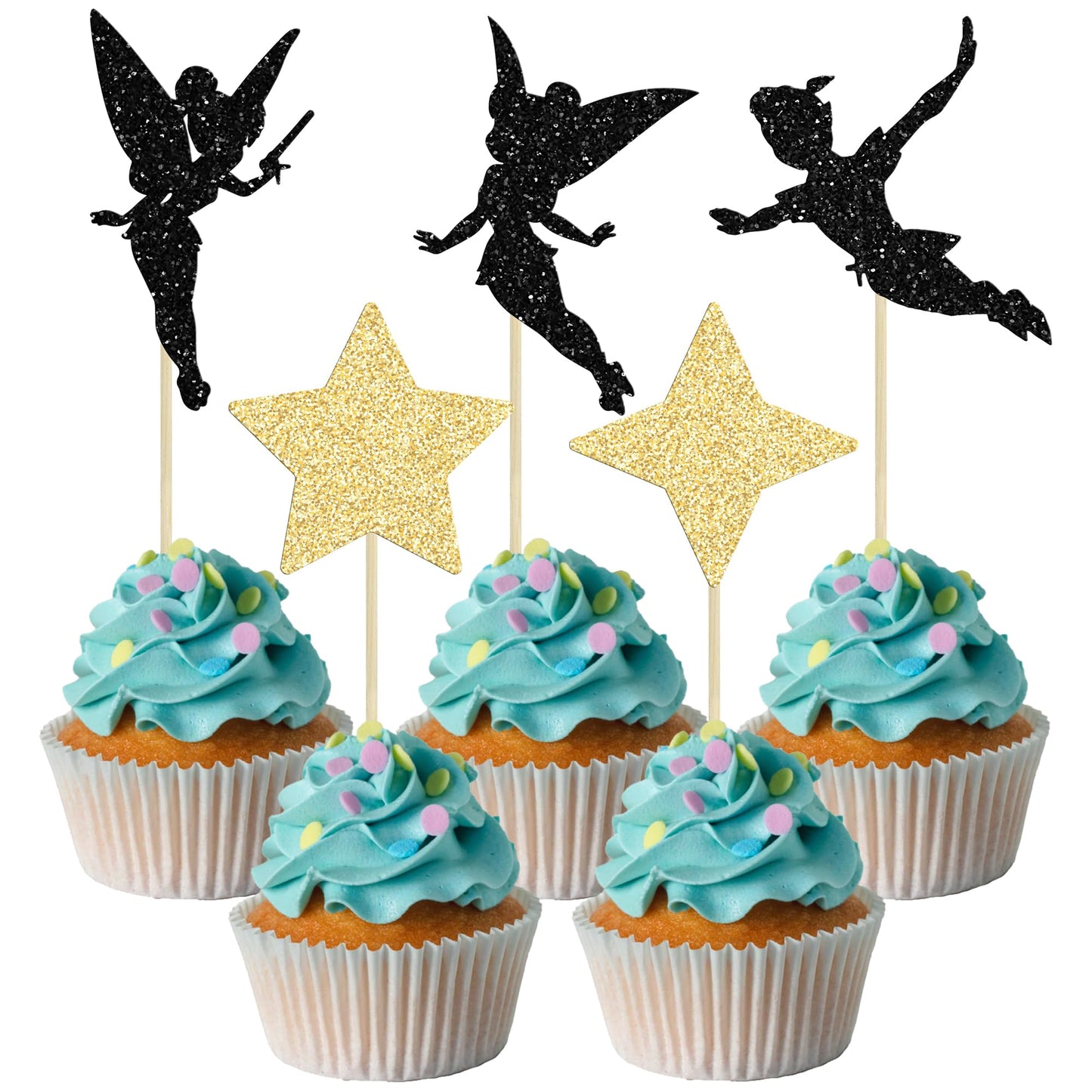 Gyufise 24 Pack Black Gold Glitter Never Grow Up Cupcake Toppers P Pan Cake Toppers with Star Never Grow Up Cupcake Picks for Ne
