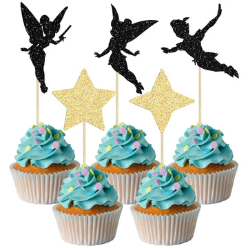 Gyufise 24 Pack Black Gold Glitter Never Grow Up Cupcake Toppers P Pan Cake Toppers with Star Never Grow Up Cupcake Picks for Ne