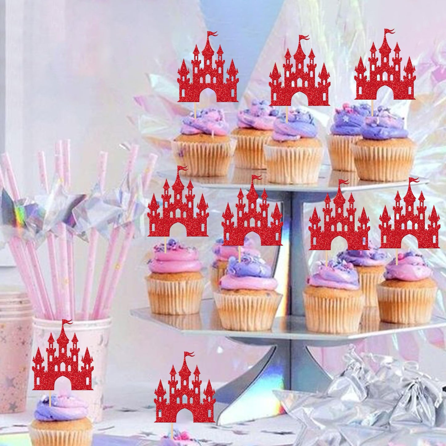 ZHUOWEISM 24 PCS Princess Castle Cupcake Toppers Glitter Red Birthday Party Decorations for Girls Baby Shower