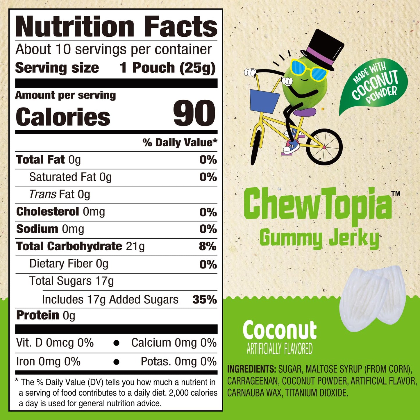 Amos Chewtopia Coconut Gummy Jerky - Vegan Chewy Fruit Snack, Tastes Like Real Dried Fruit, Easter Candy, 8.47Oz Box With 9 Shar
