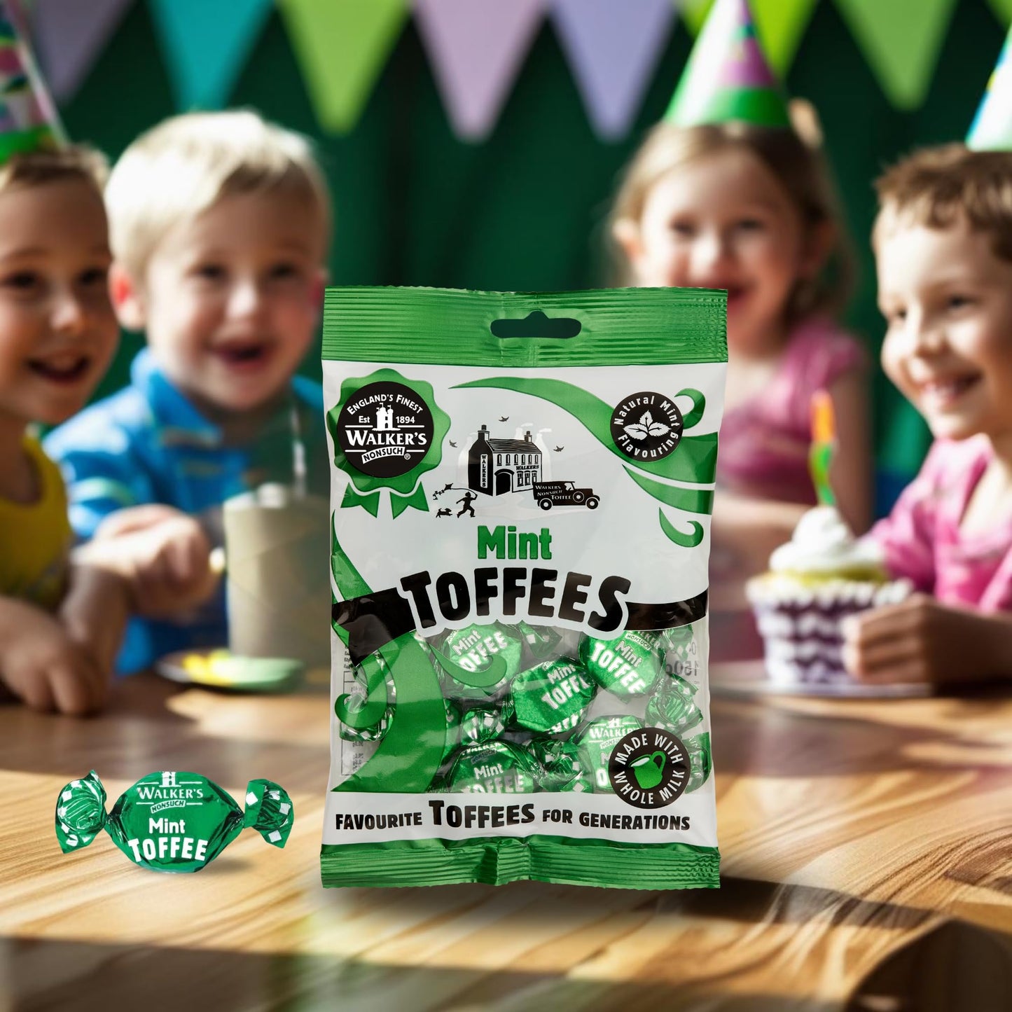 Walkers Nonsuch British Mint Toffee Candy 5.29 Oz (150G) - Natural Mint Flavor, Whole Milk Toffee, Individually Wrapped Chewy Candy Pack, Classic English Sweets, Imported Uk
