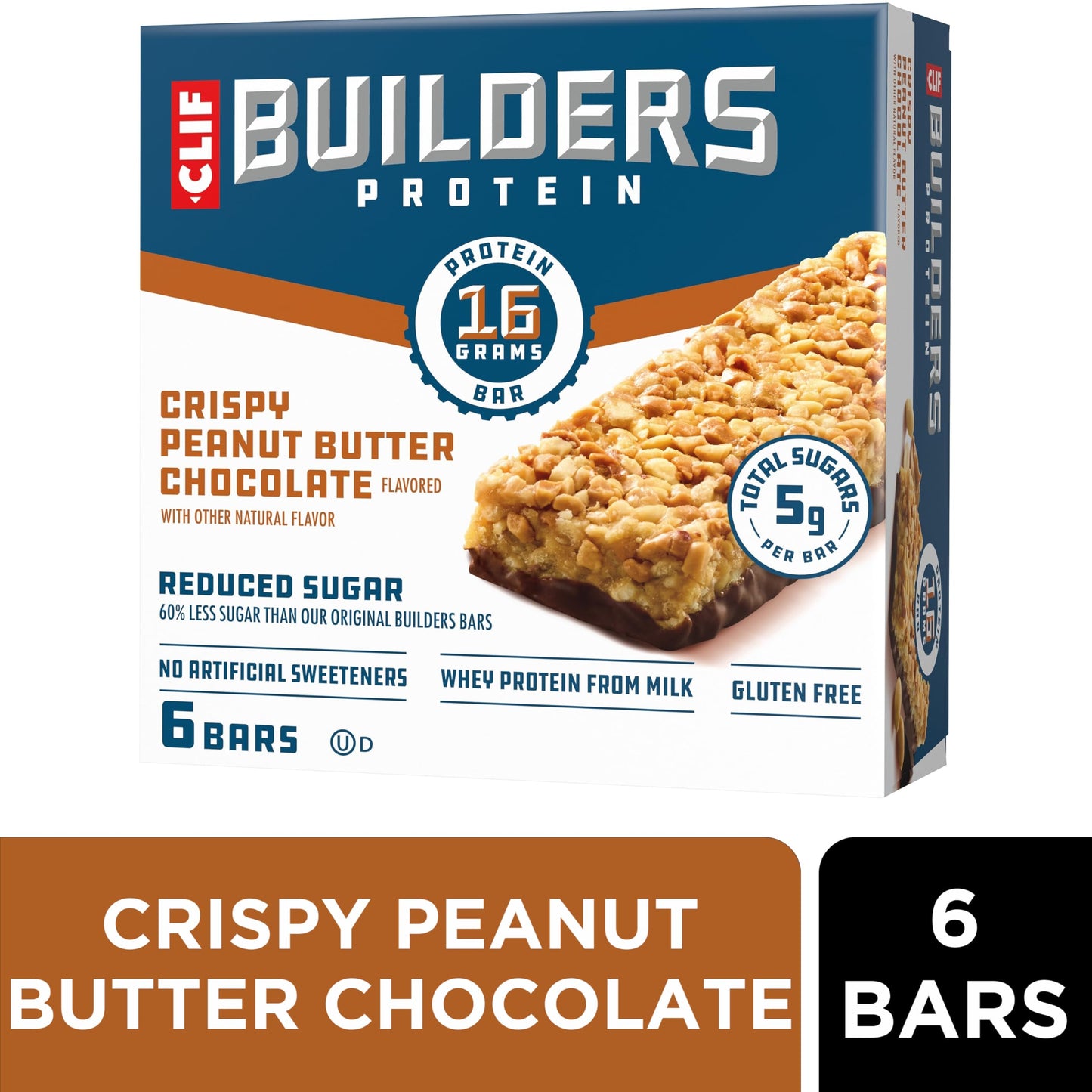 Clif Builders Protein Bars - Crispy Peanut Butter Chocolate - Reduced Sugar - Gluten Free - 16g Protein - 1.97 oz (6 Pack)