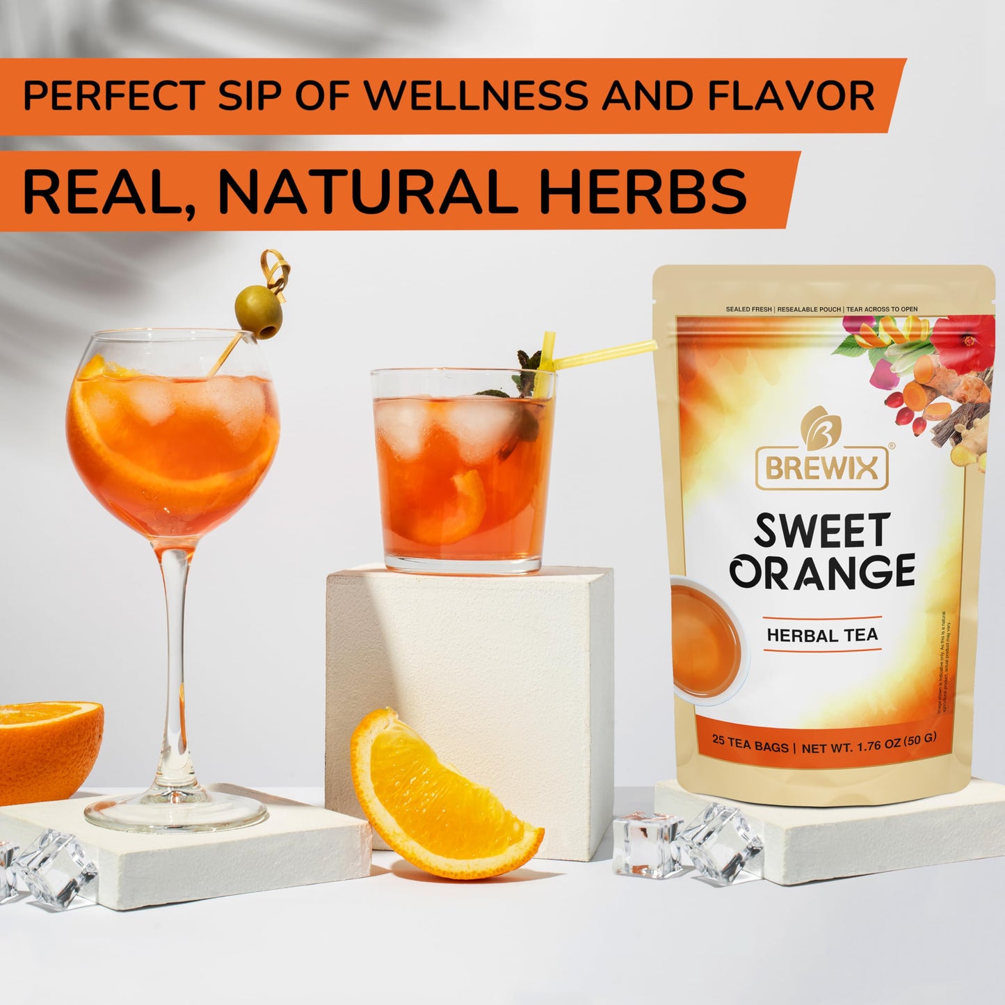 BREWIX Sweet Orange Hibiscus Tea Bags - Caffeine-Free Herbal Tea, 25 Pyramid Bags, Supports Calm & Balance