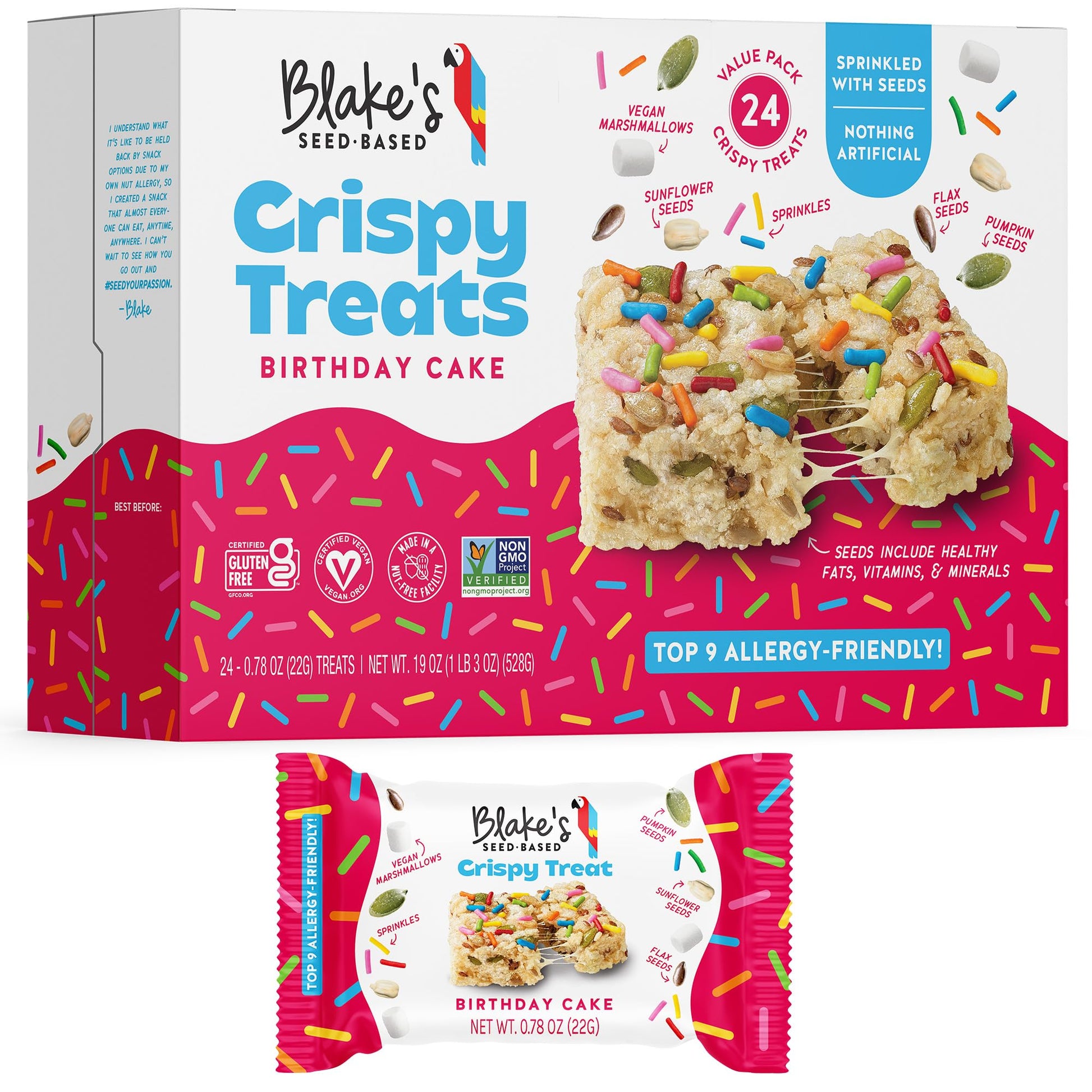 Blakes Seed Based Crispy Treats - Birthday Cake (24 Count), Nut Free, Gluten Free, Dairy Free & Vegan, Healthy Snacks For Kids O