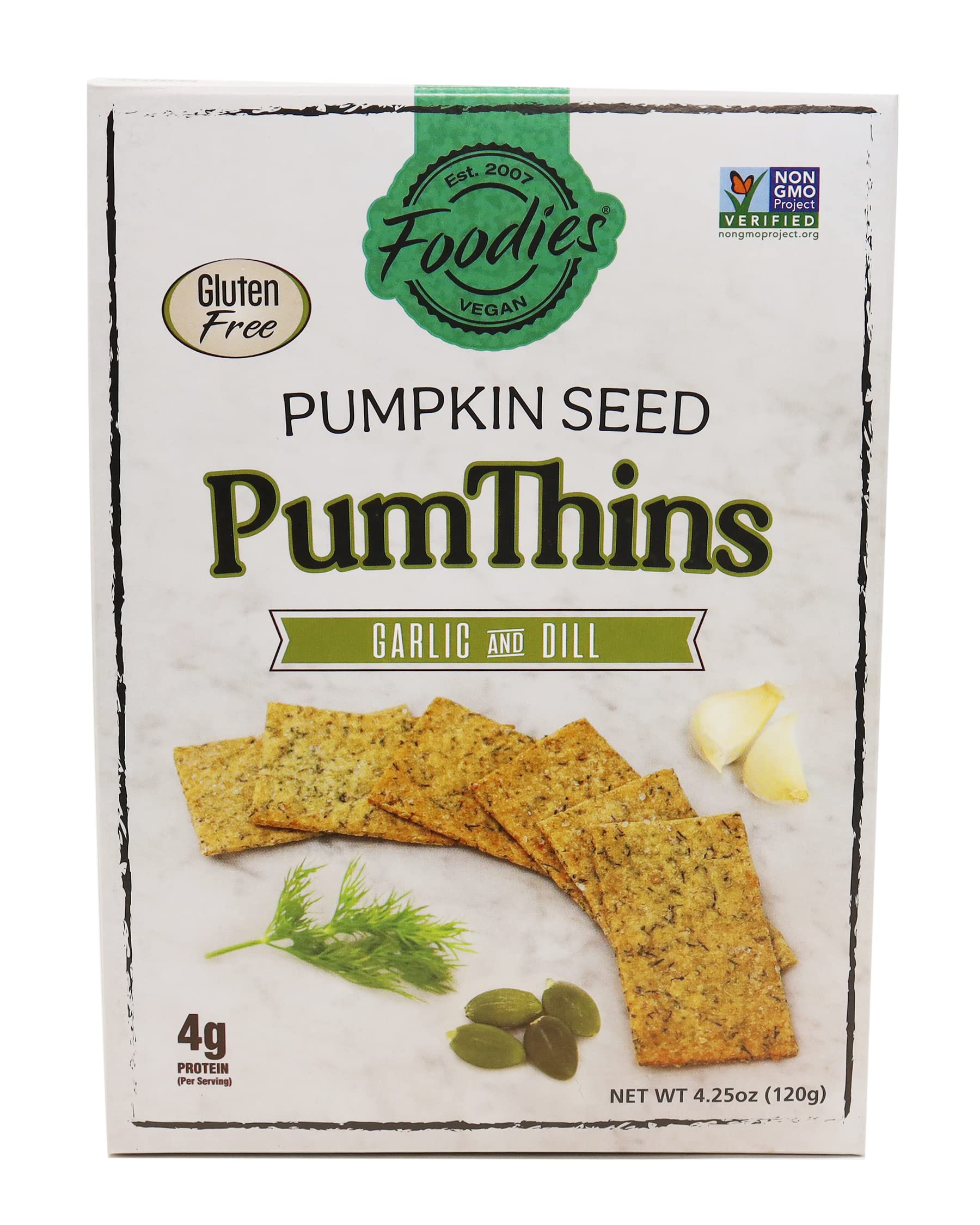 Pumthins Garlic & Dill Crackers 4.25 Ounce (3Pack) Gluten Free Paleo Friendly Healthy Snacks Pumpkin Seeds Pumfu Foodies Vegan