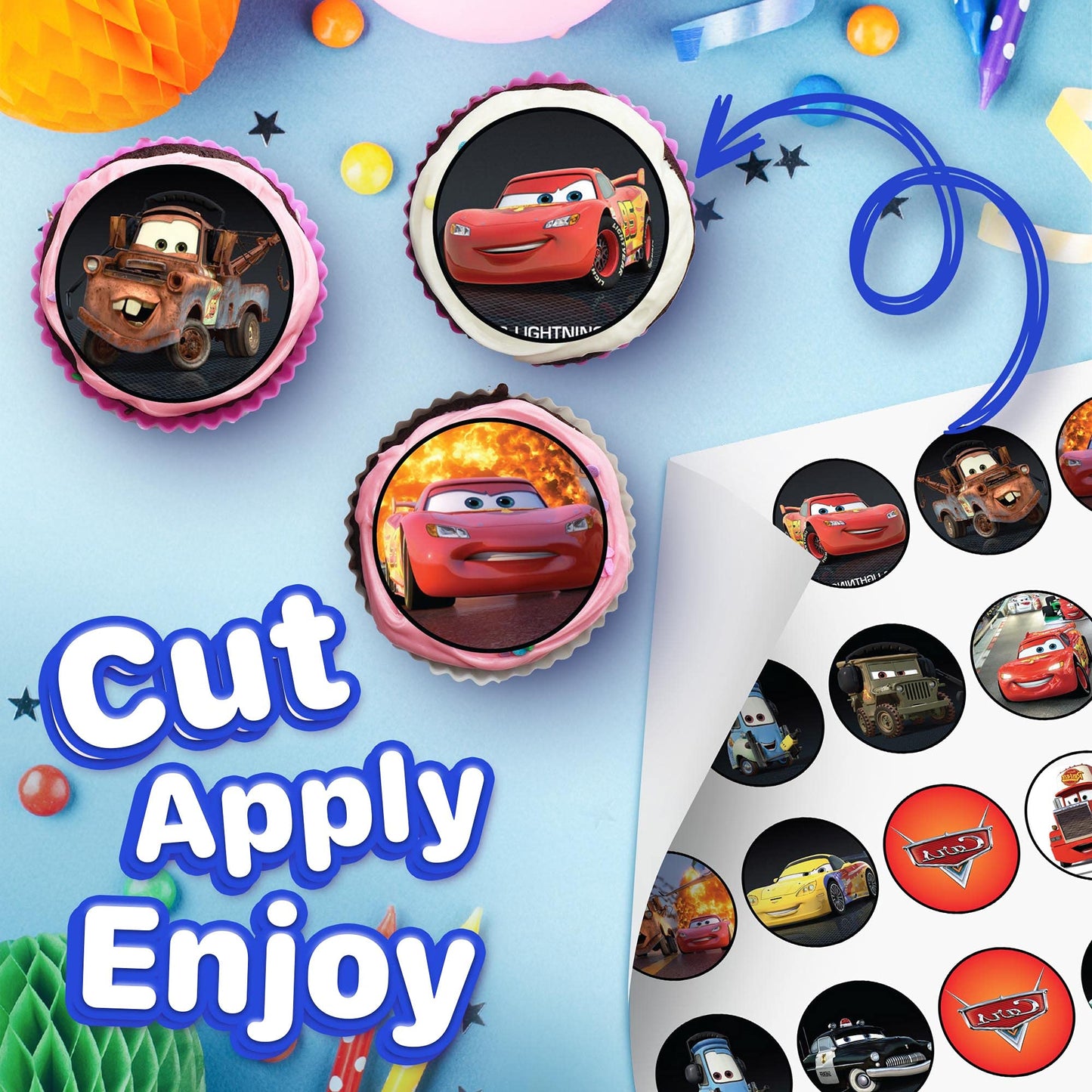 30 X Edible Cupcake Toppers - Cars Lightning Mcqueen Themed Collection Of Edible Cake Decorations | Uncut Edible On Icing Sheet