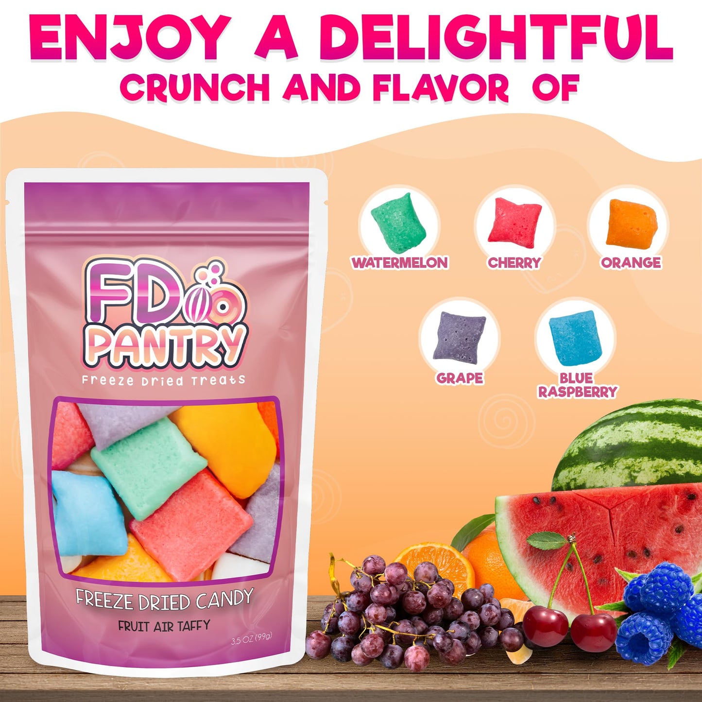 Freeze Dried Air Taffy Crunch Candy - Variety Fruit Flavors, 3.5Oz | Strawberry, Melon, Cherry, Raspberry, Orange, Grape, Myster