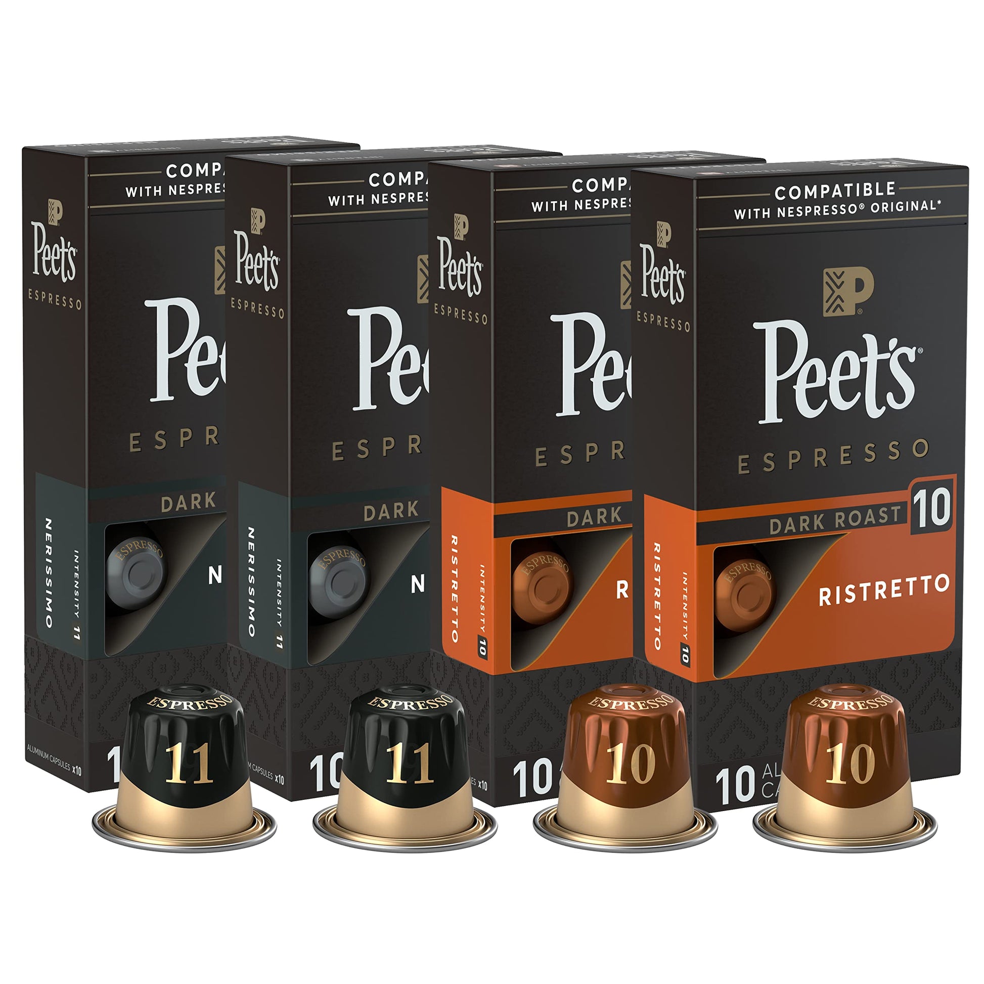 Peets Coffee Dark Roast Espresso Capsules Variety Pack, Intensity 10-11, 40 Count (4 Boxes of 10 Pods)