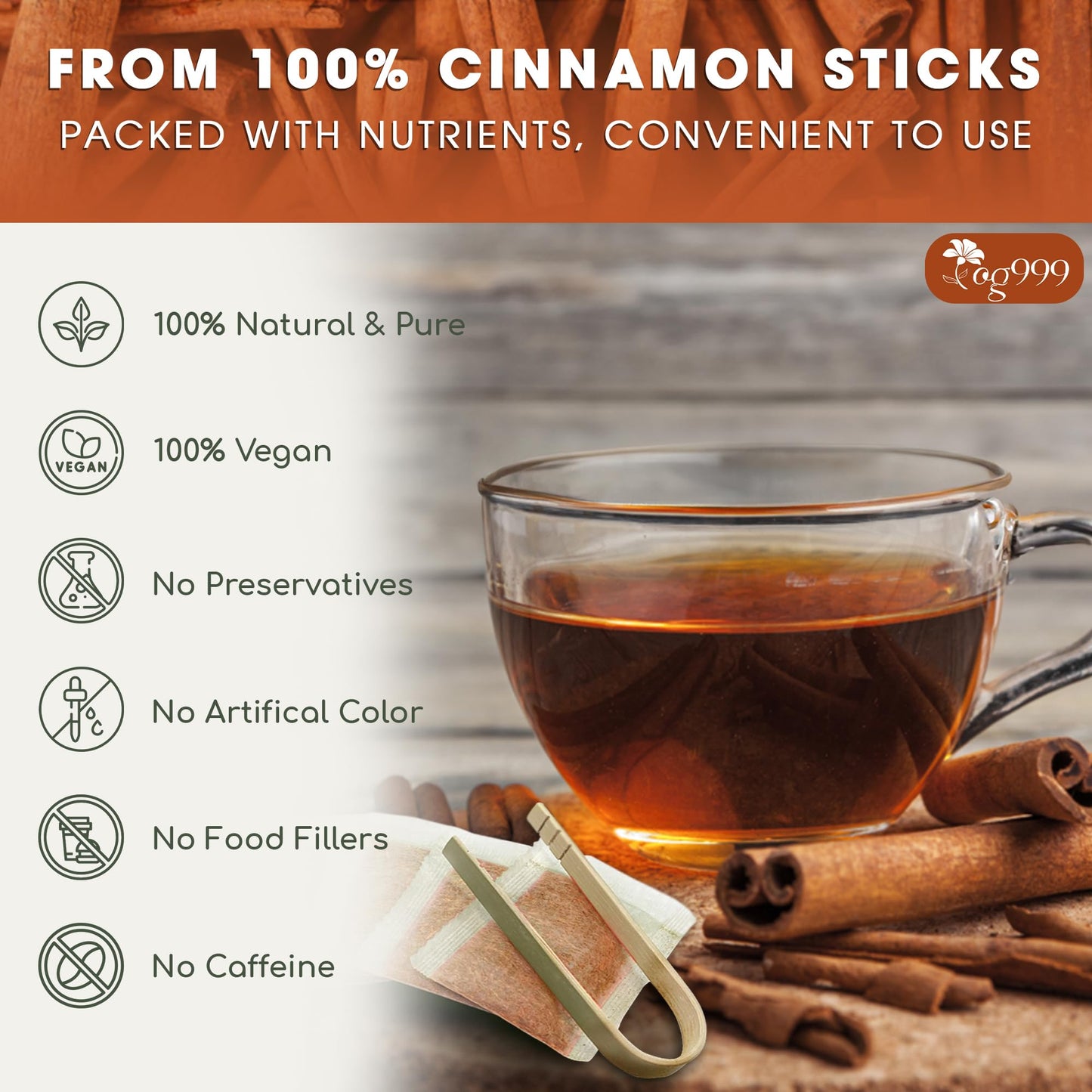 TOG999 Premium Cinnamon Herbal Tea Bags, 100% Natural, Vegan, No Sugar, No Caffeine, 20 Bags