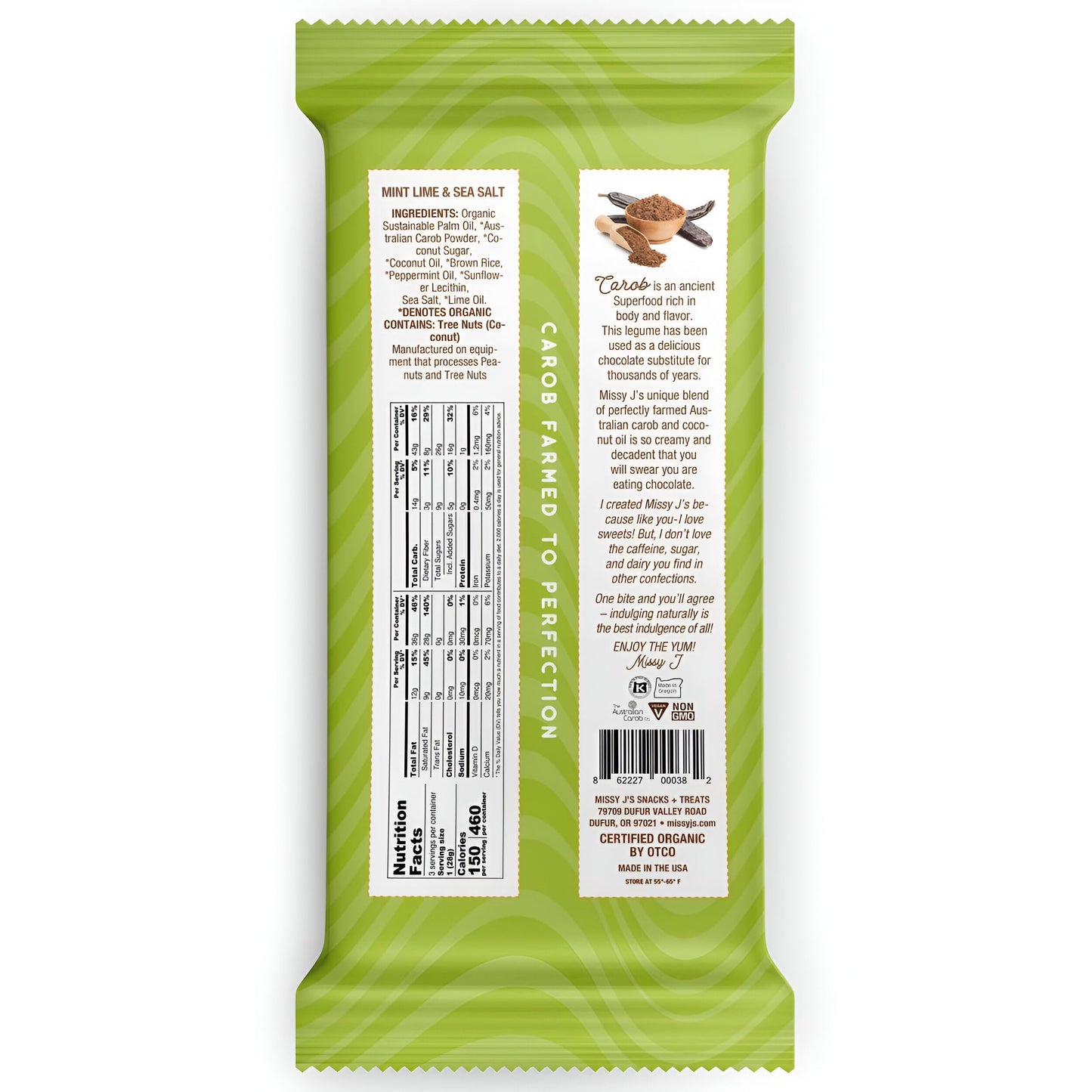 Missy Js Organic Carob Mint Candy Bar 3 Oz 2 Pack, Vegan, Gluten Free, Healthy Chocolate Alternative