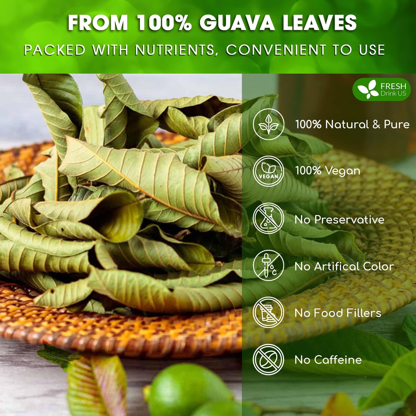 FRESHDRINKUS Natural Guava Leaves Herbal Tea, 100% Pure, 100 Count, Caffeine-Free, Vegan
