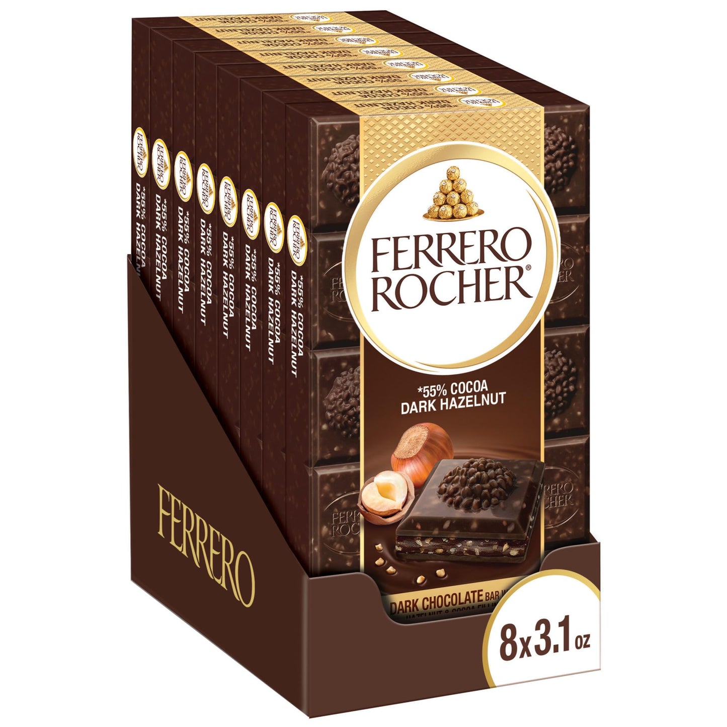 Ferrero Rocher Premium Chocolate Bars, 8 Pack, Dark Chocolate Hazelnut, Luxury Chocolate, Individually Wrapped Holiday Treats, 3.1 Oz Each