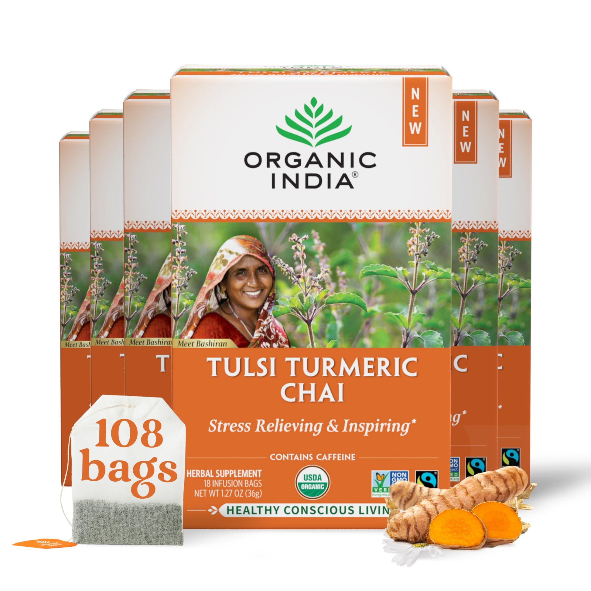 Organic India Tulsi Turmeric Chai Tea - Herbal Tea Bags with Ginger, Cinnamon, 18 Count (Pack of 6)