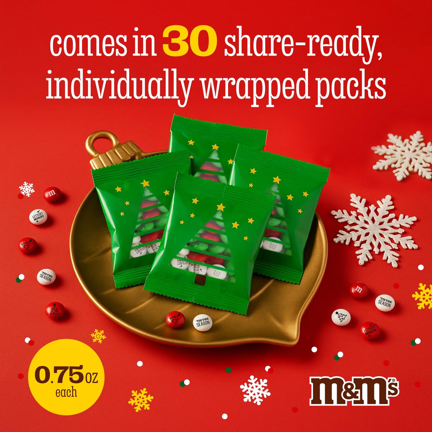 M&MS WORLD Christmas Party Favors (30 Pack)  Printed M&MS With Festive Icons  Christmas Candy for Party   Holiday Snacks  Party Decor