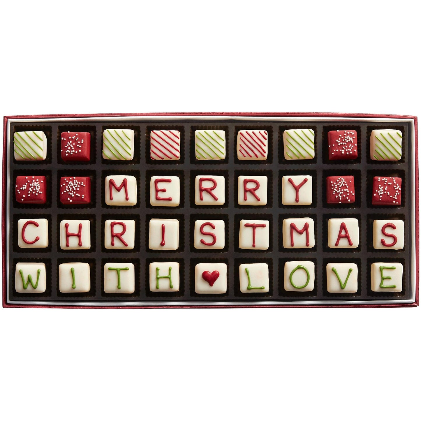 The Swiss Colony Merry Christmas With Love Petits Fours Cakes - Gourmet Cake Assortment With Red Velvet, And Vanilla Layer Cakes - Holiday Dessert Gift - (Pack Of 36)
