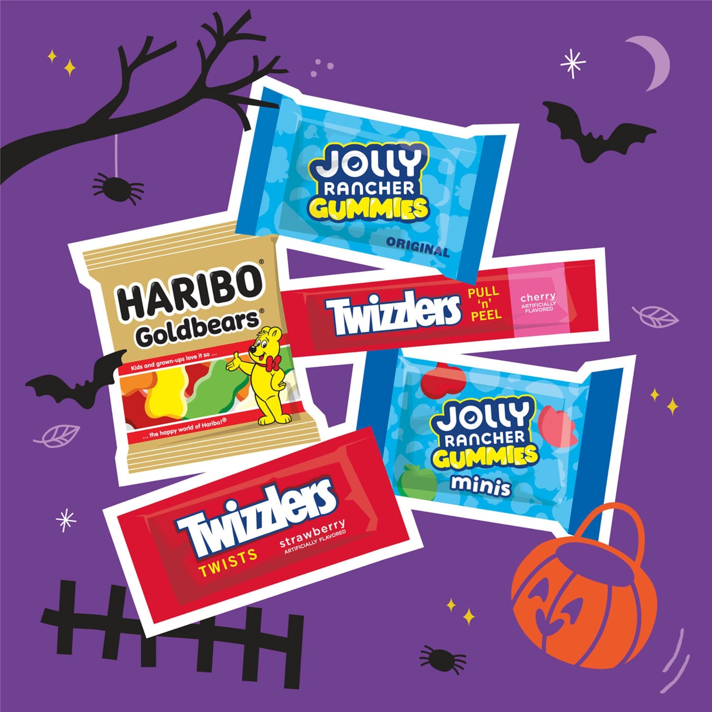 HAL Sweets Assortment Stand Up Bag (JOLLY RANCHER Gummies  JOLLY RANCHER Gummies Minis  TWIZZLERS PULL N PEEL Cherry Flavored  TWIZZLERS Strawberry Flavored Twists and HARIBO GOLDBEARS)