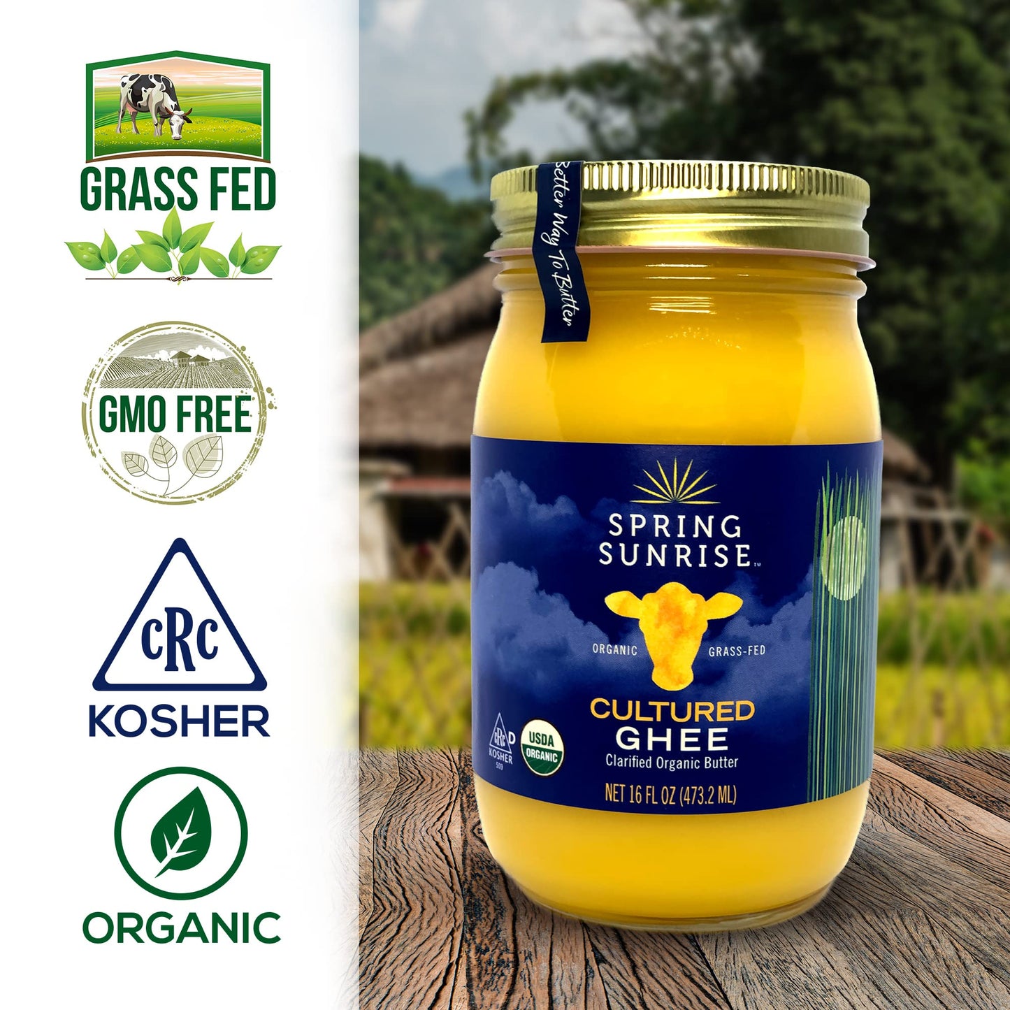 Spring Sunrise Grass Fed Organic Cultured Ghee - USDA Certified Clarified Butter - Keto & Paleo Friendly  Non-GMO  Gluten & Lactose Free Cooking Oil - Sustainably Sourced  16 oz Jar