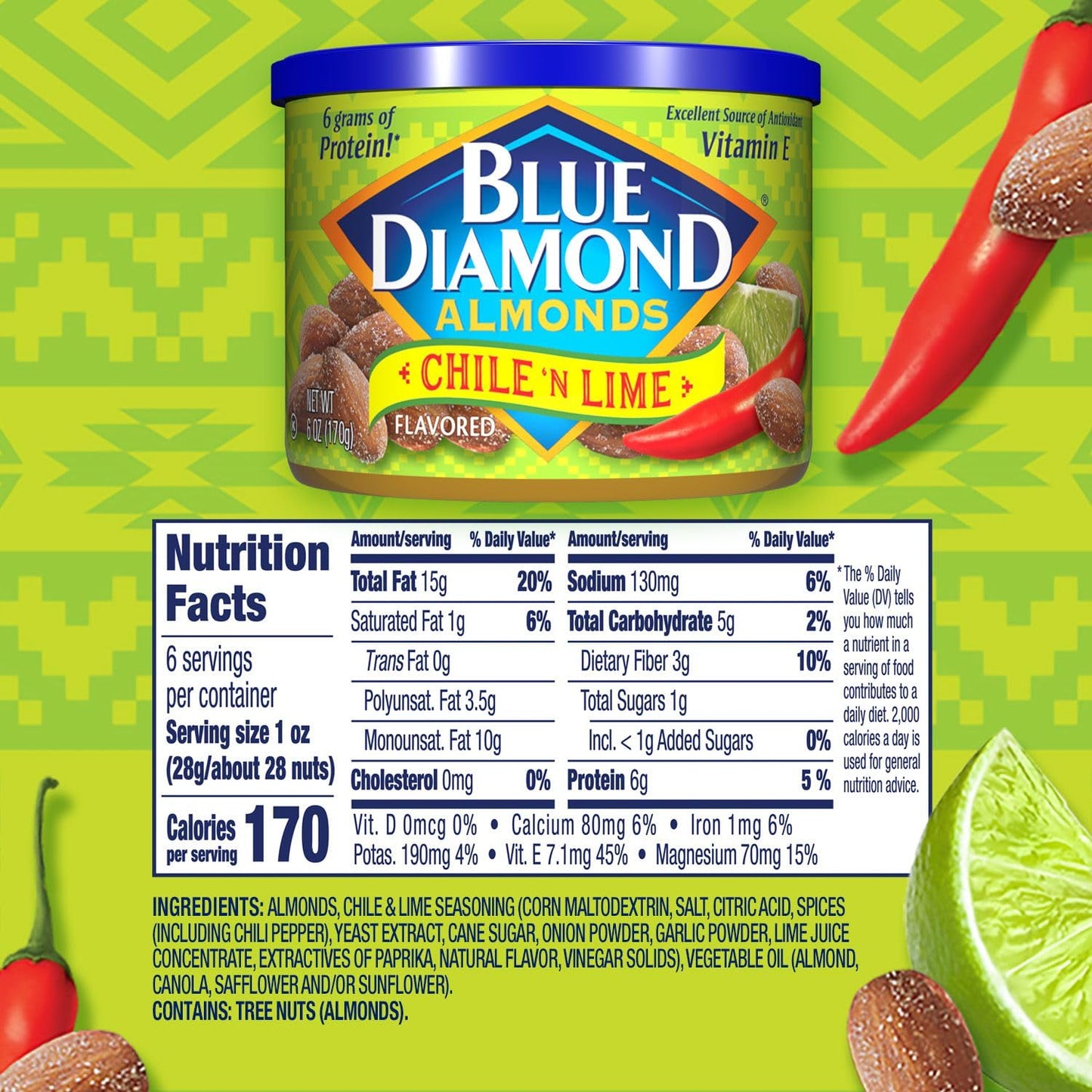 Blue Diamond Almonds, Snack Nut Flavored Chile N' Lime Perfect For On-The Go, And Snacking, 6 Ounce Can