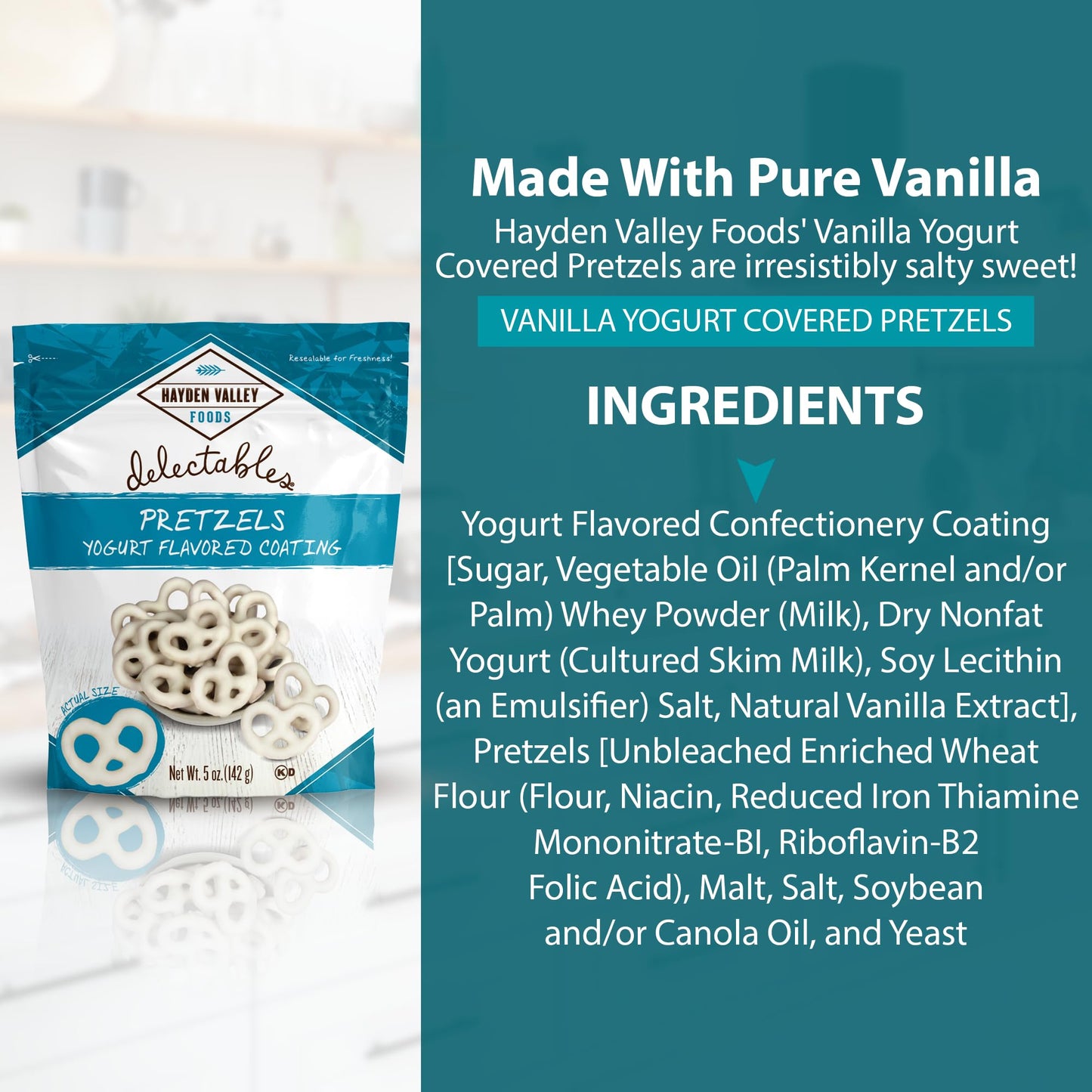 Hayden Valley Foods Vanilla Yogurt Covered Pretzels - Gourmet Snack - 5oz Resealable Bag
